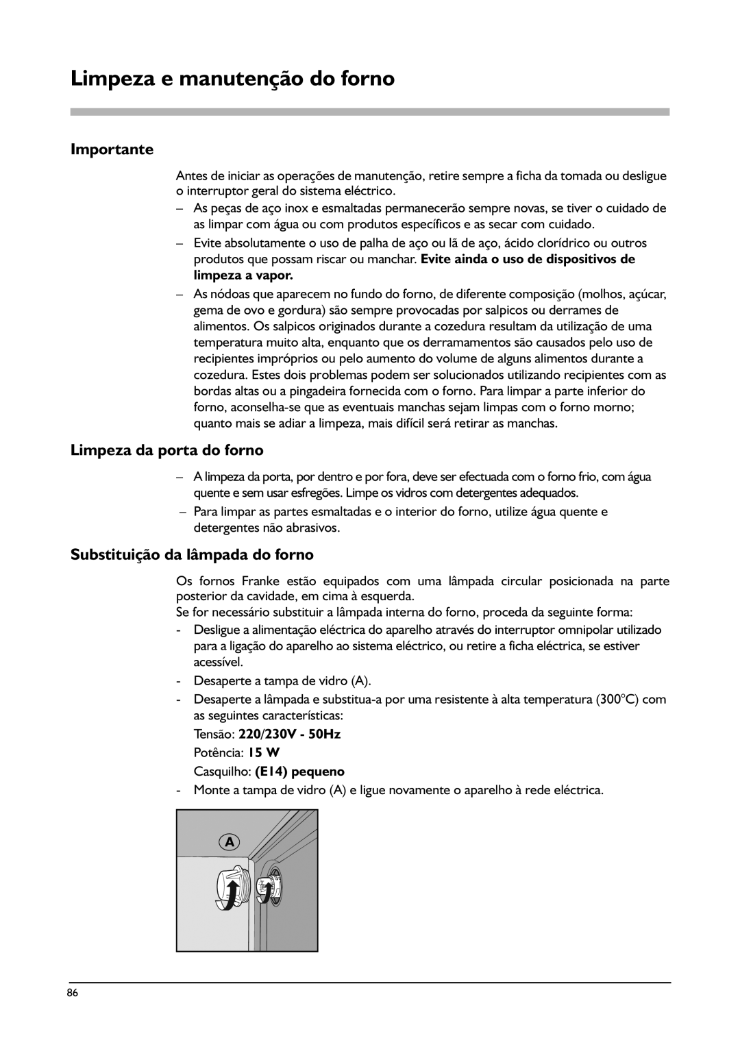 Franke Consumer Products CA 52M Limpeza e manutenção do forno, Limpeza da porta do forno, Substituição da lâmpada do forno 