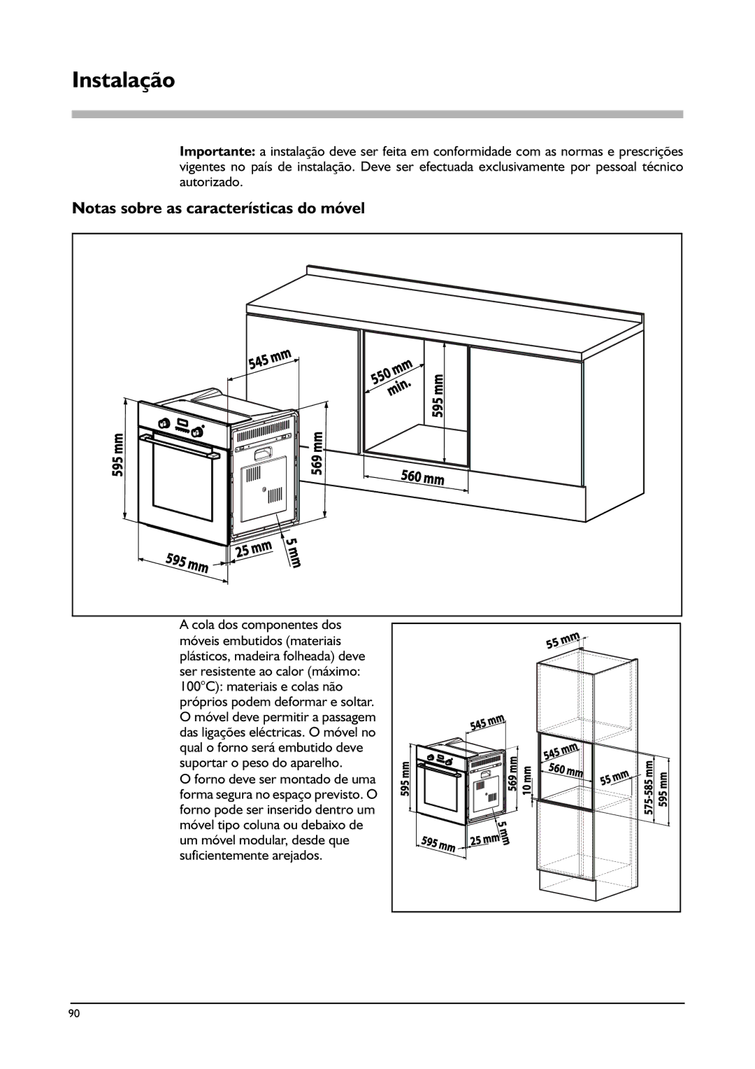 Franke Consumer Products SM 56M, FLAT 603, CA 52M, FLAT 604, SM 52M manual Instalação, Notas sobre as características do móvel 