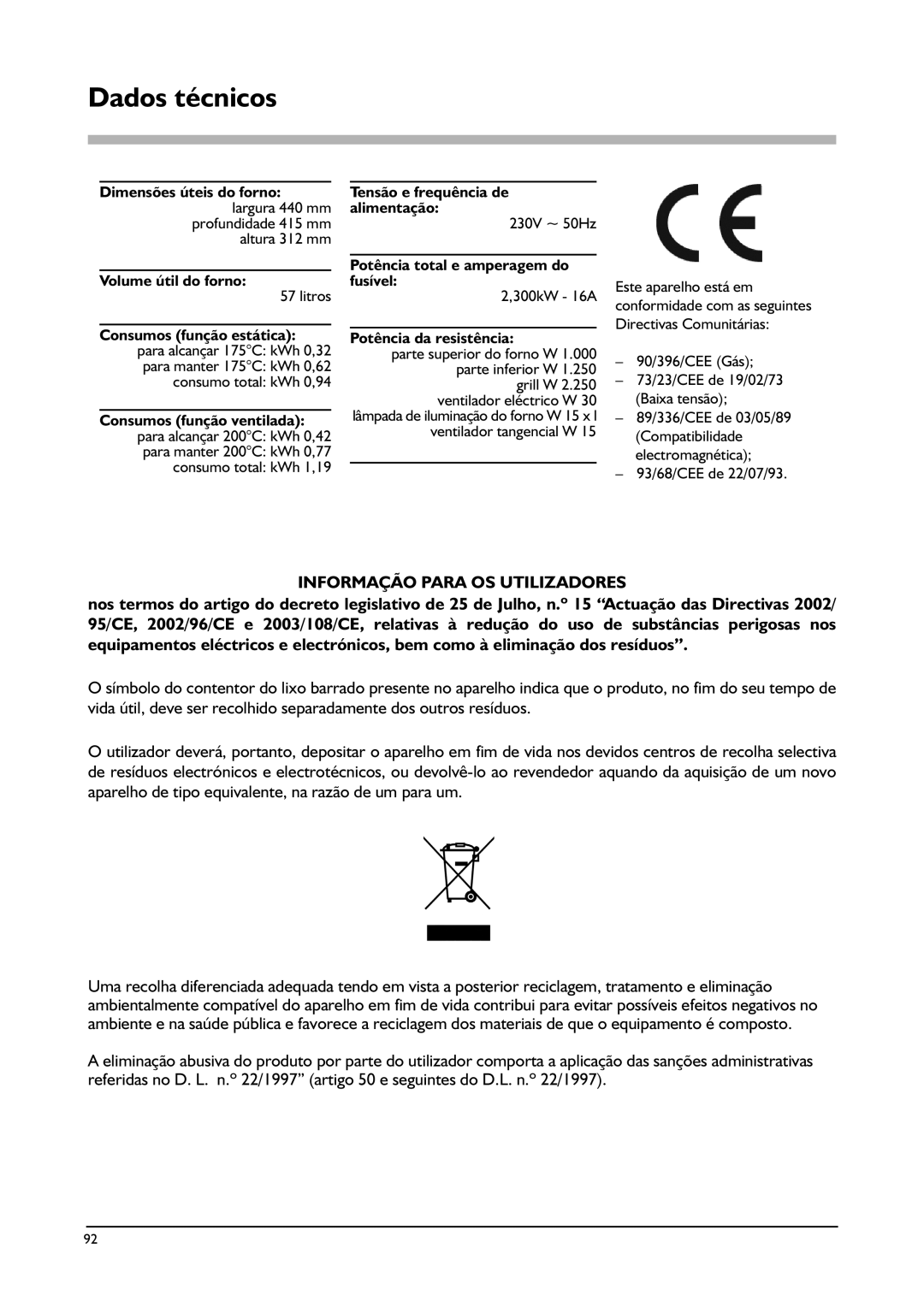 Franke Consumer Products FLAT 604, FLAT 603, SM 56M, CA 52M, SM 52M manual Dados técnicos, Informação Para OS Utilizadores 