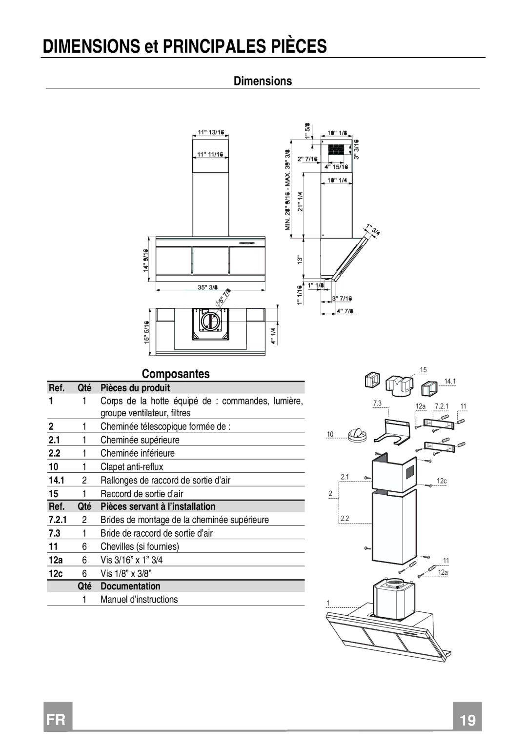 Franke Consumer Products FMY 367 installation instructions Dimensions et Principales Pièces 