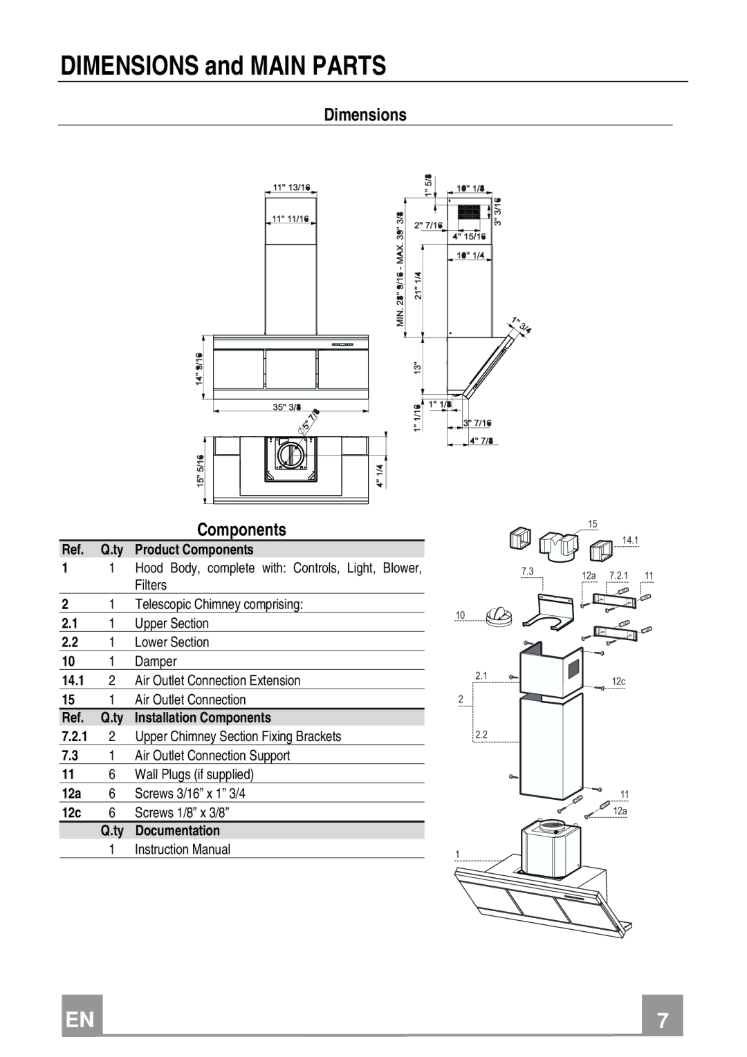 Franke Consumer Products FMY 367 installation instructions Dimensions and Main Parts, Dimensions Components 