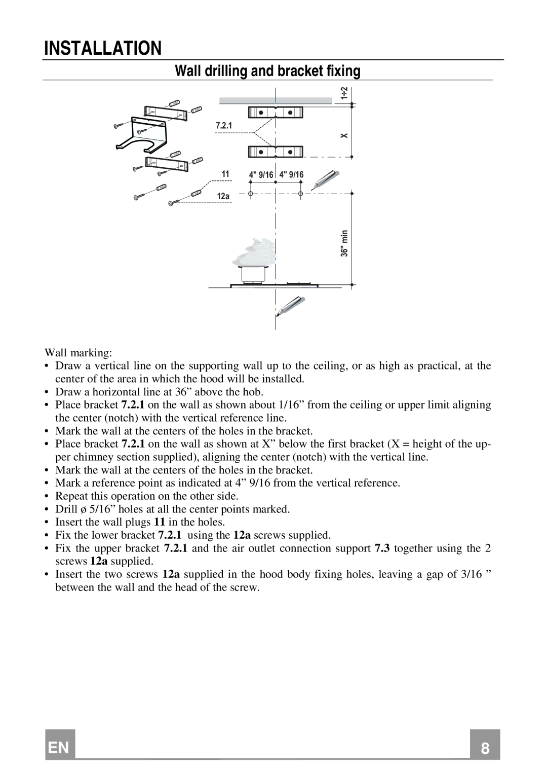 Franke Consumer Products FMY 367 installation instructions Installation, Wall drilling and bracket fixing 