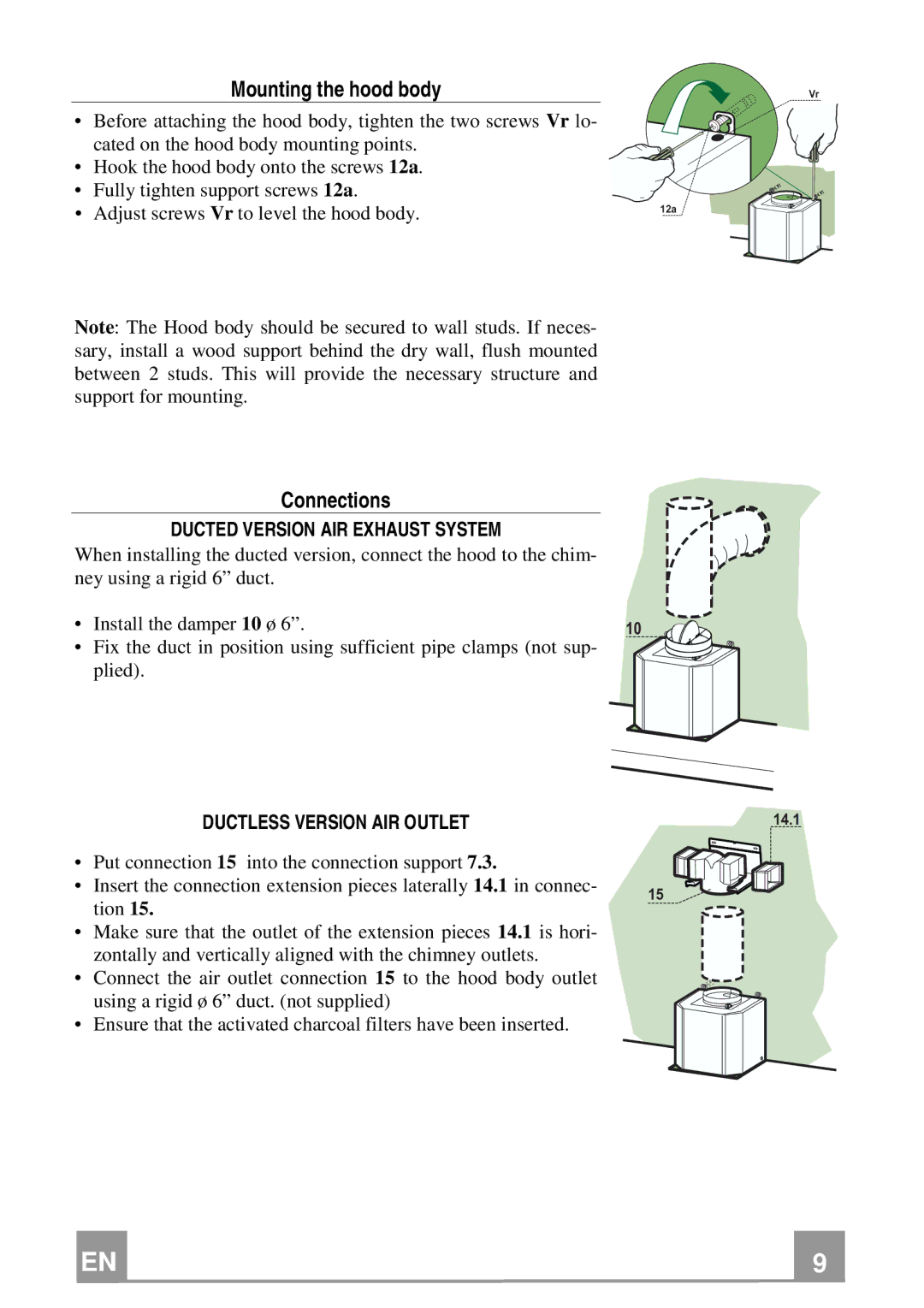 Franke Consumer Products FMY 367 Mounting the hood body, Connections, Ducted Version AIR Exhaust System 