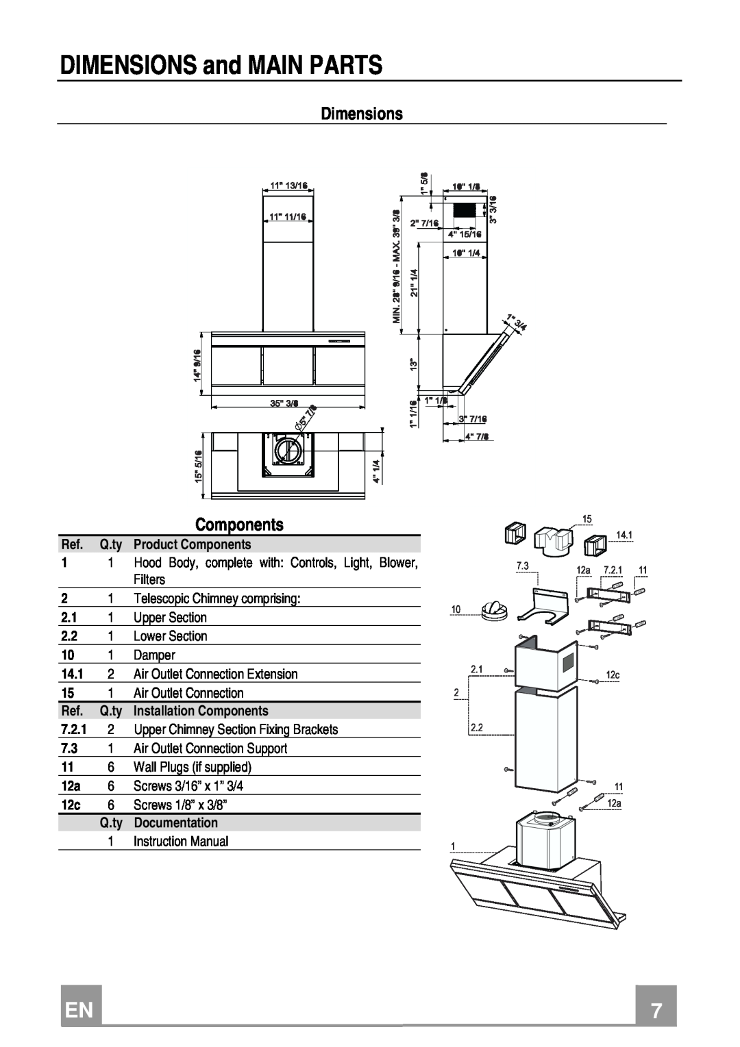 Franke Consumer Products FMY 367 installation instructions DIMENSIONS and MAIN PARTS, Dimensions, Components 
