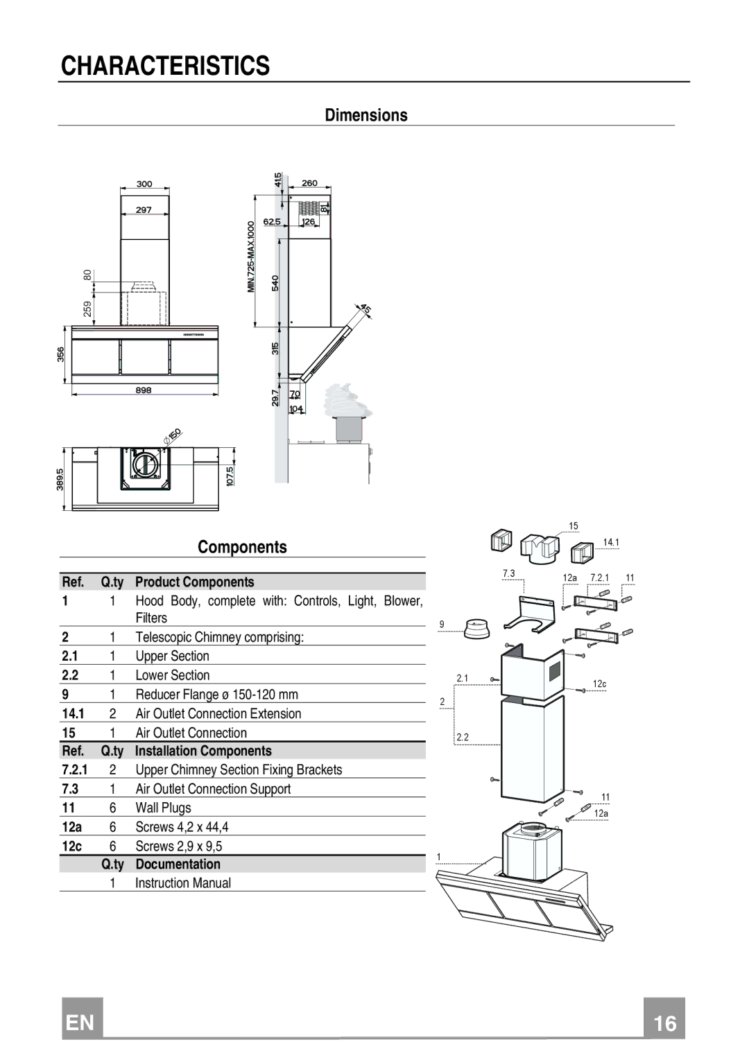 Franke Consumer Products FMY 907 manual Characteristics, Dimensions, Components 