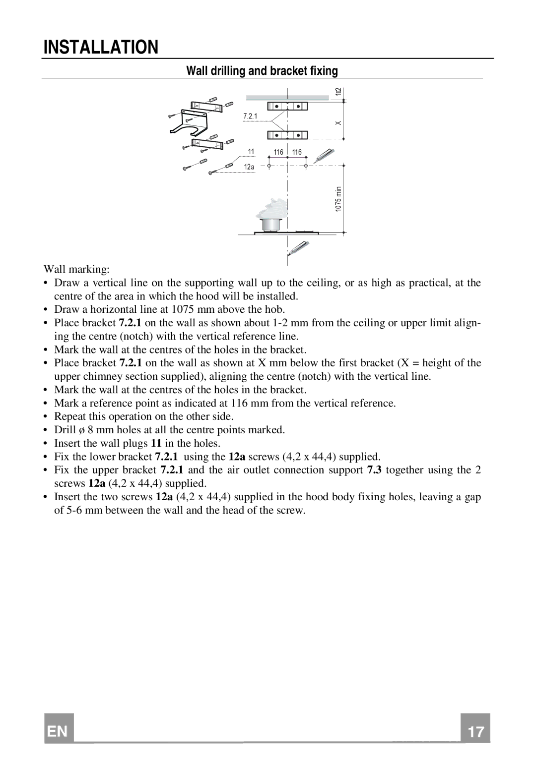 Franke Consumer Products FMY 907 manual Installation, Wall drilling and bracket fixing 