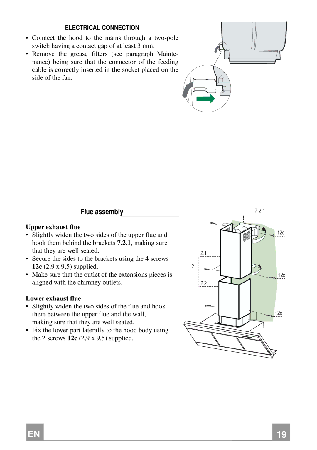 Franke Consumer Products FMY 907 manual Flue assembly, Electrical Connection, Upper exhaust flue, Lower exhaust flue 