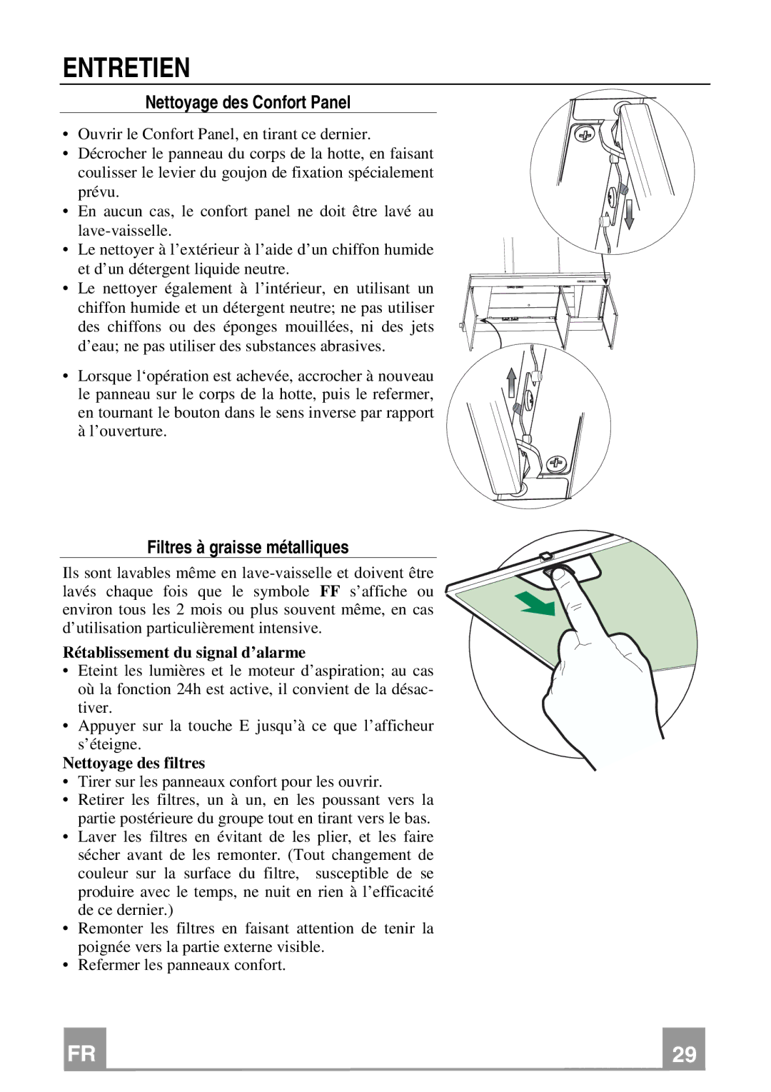 Franke Consumer Products FMY 907 manual Entretien, Nettoyage des Confort Panel, Filtres à graisse métalliques 