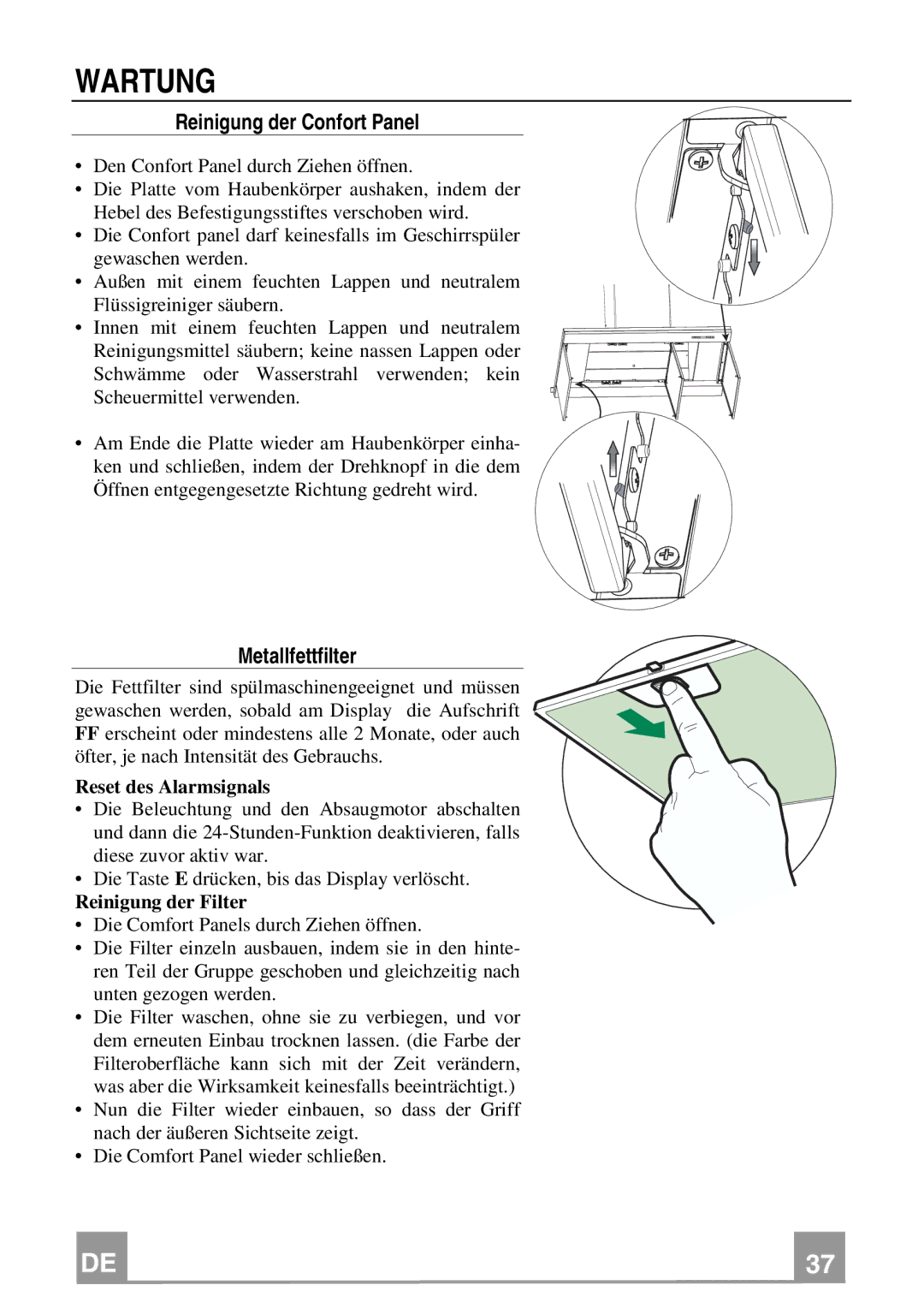 Franke Consumer Products FMY 907 manual Wartung, Reinigung der Confort Panel, Metallfettfilter, Reset des Alarmsignals 