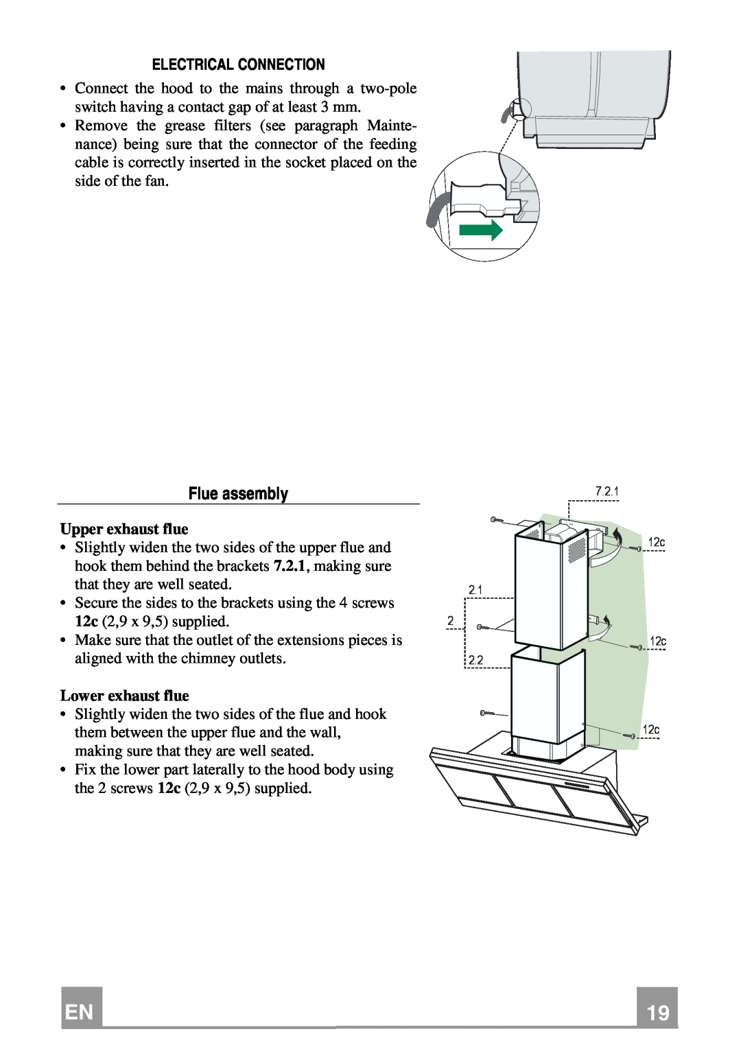 Franke Consumer Products FMY 907 manual Flue assembly, Electrical Connection, Upper exhaust flue, Lower exhaust flue 