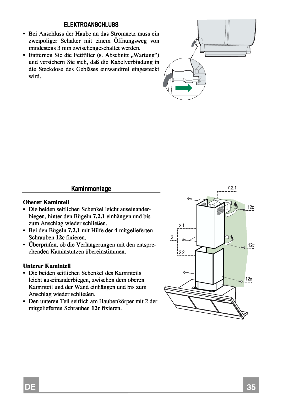 Franke Consumer Products FMY 907 manual Kaminmontage, Elektroanschluss, Oberer Kaminteil, Unterer Kaminteil 