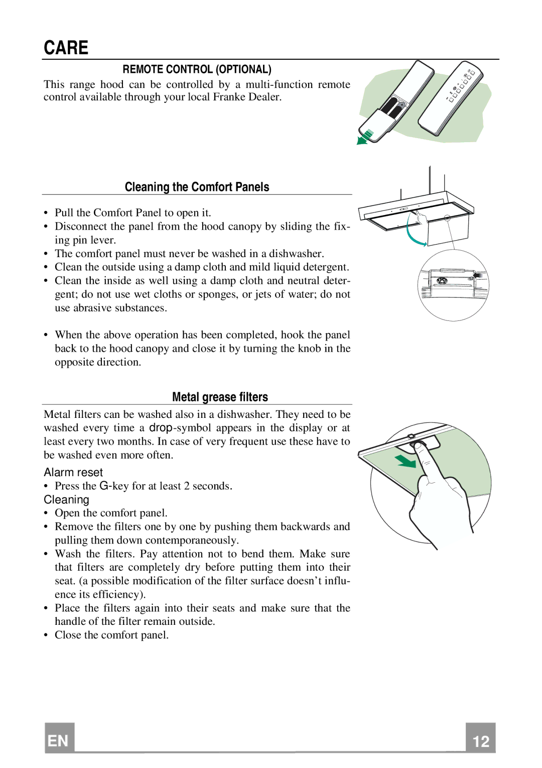 Franke Consumer Products FNE 368 TC W Care, Cleaning the Comfort Panels, Metal grease filters, Remote Control Optional 