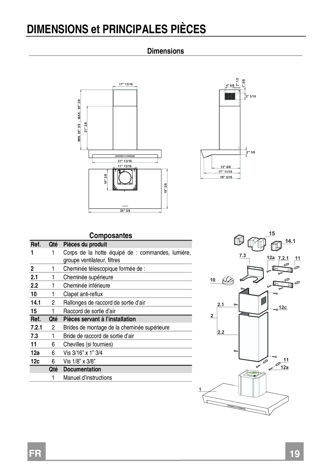 Franke Consumer Products FNE 368 TC W installation instructions Dimensions et Principales Pièces 