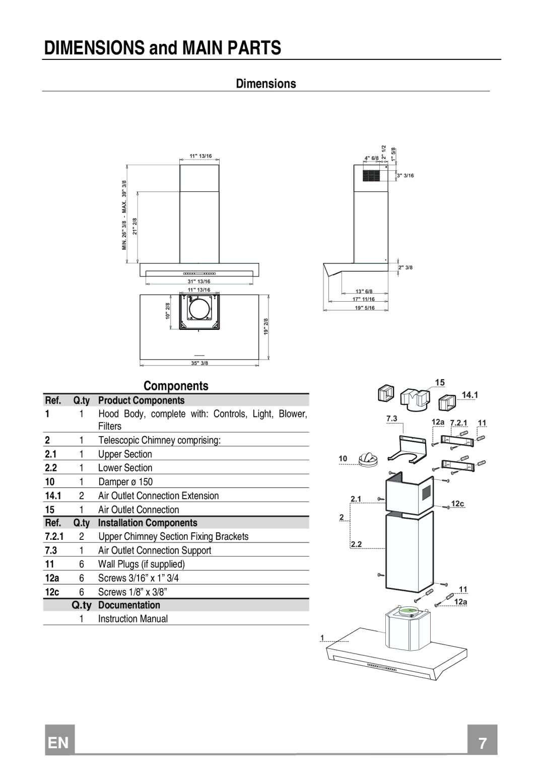 Franke Consumer Products FNE 368 TC W installation instructions Dimensions and Main Parts 