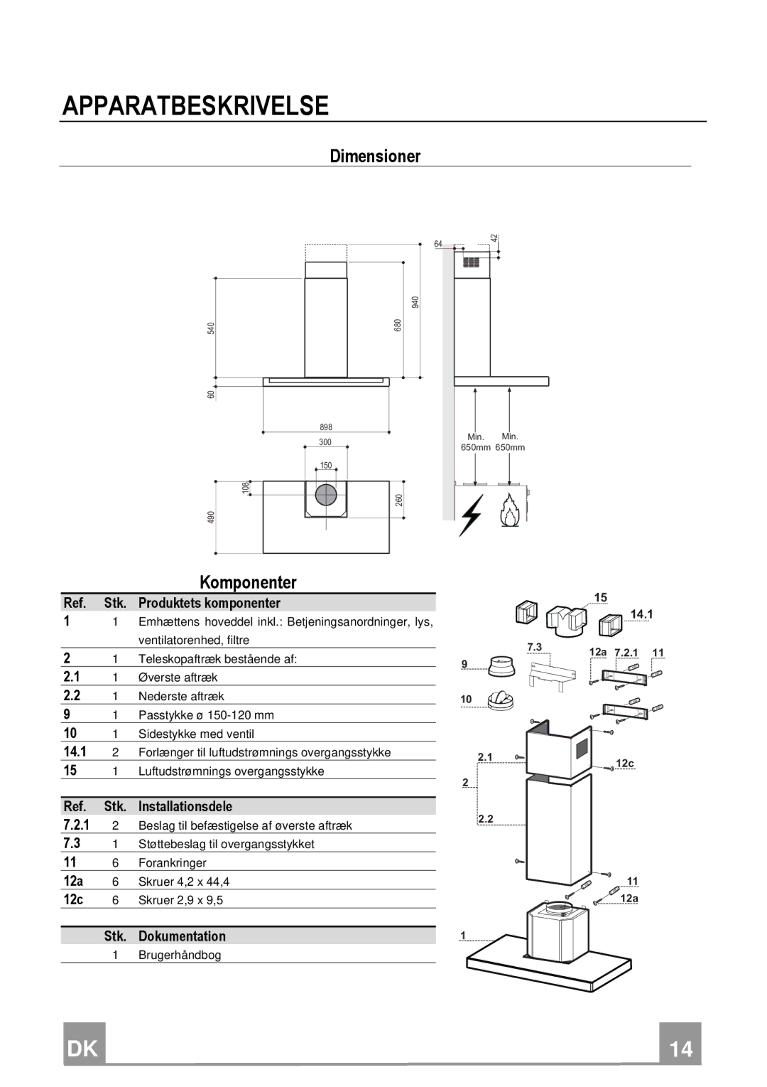 Franke Consumer Products FNE 905 XS ECS manual Apparatbeskrivelse, Dimensioner, Komponenter 