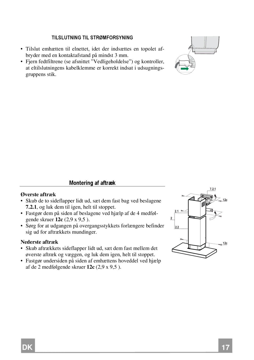 Franke Consumer Products FNE 905 XS ECS manual Montering af aftræk, Tilslutning TIL Strømforsyning, Øverste aftræk 