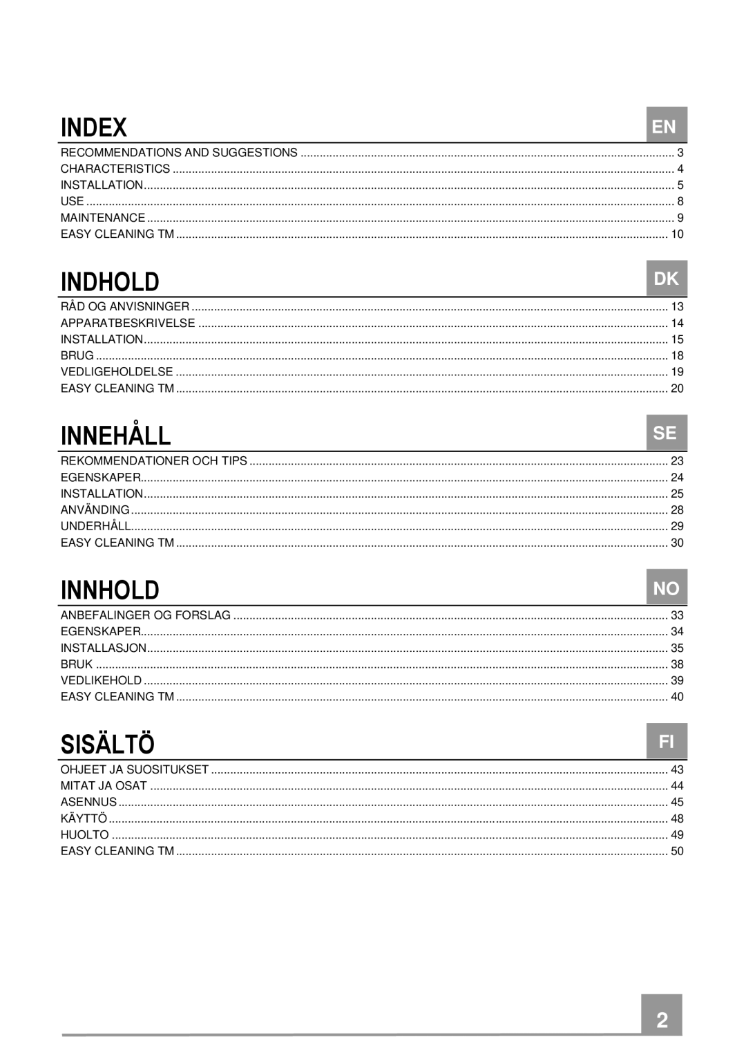 Franke Consumer Products FNE 905 XS ECS manual Index, Indhold, Innehåll, Innhold, Sisältö 