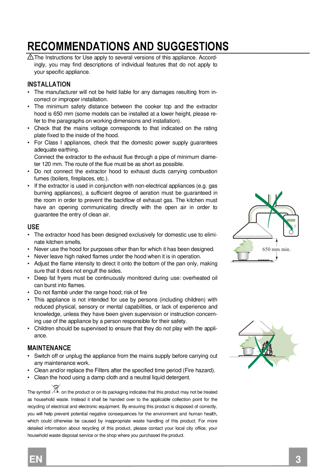 Franke Consumer Products FNE 905 XS ECS manual Recommendations and Suggestions, Installation, Use, Maintenance 