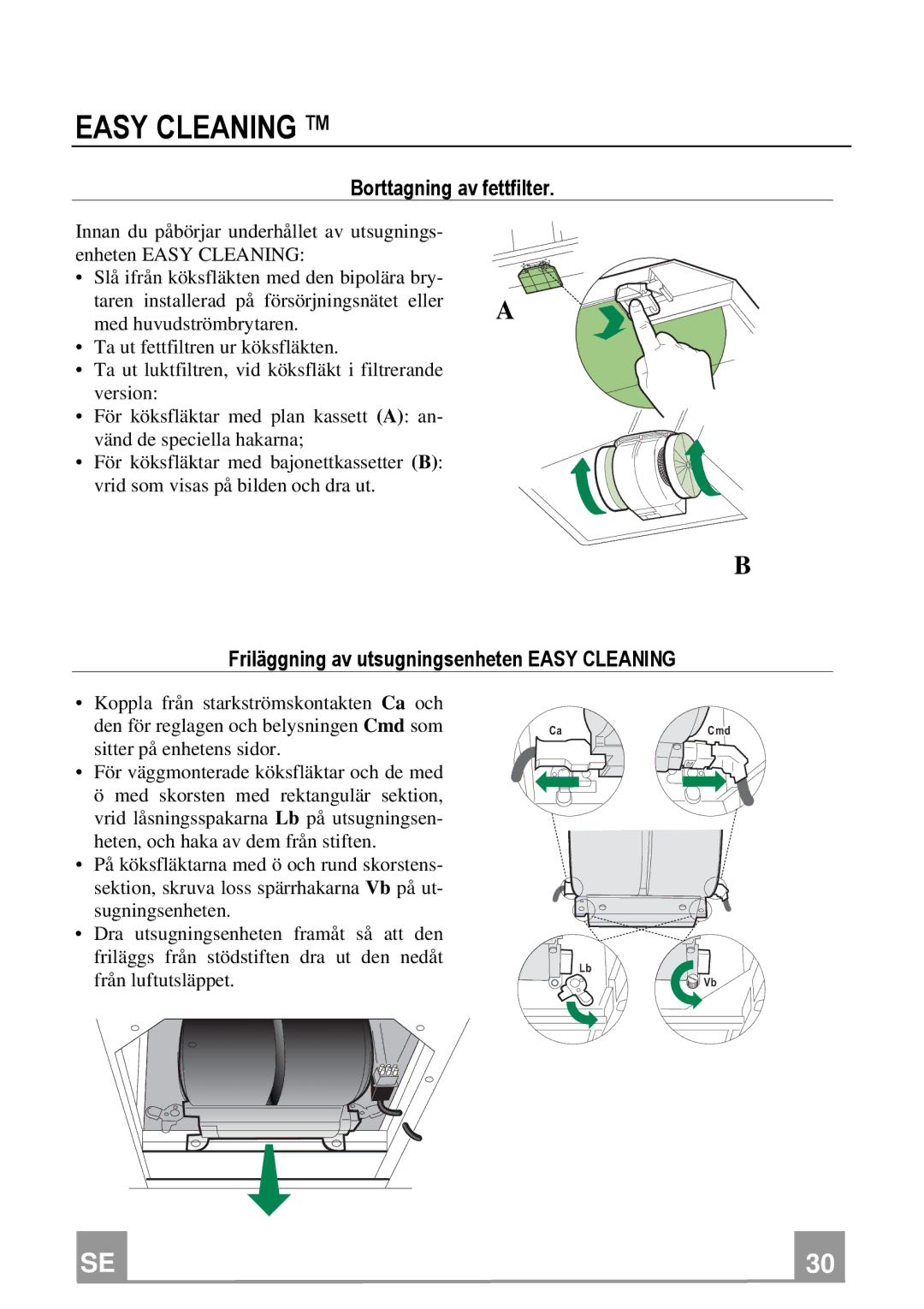 Franke Consumer Products FNE 905 XS ECS manual Borttagning av fettfilter, Friläggning av utsugningsenheten Easy Cleaning 