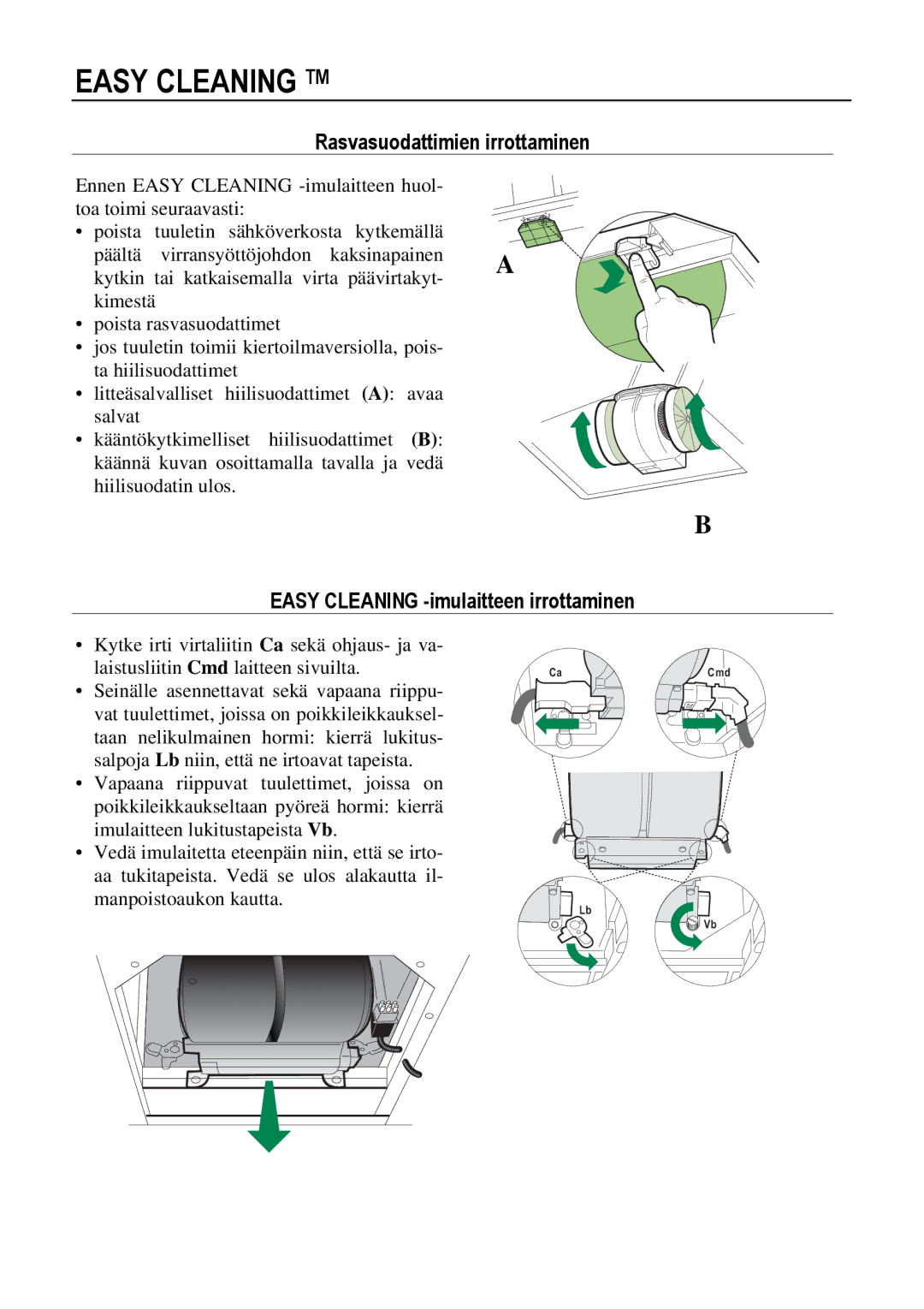 Franke Consumer Products FNE 905 XS ECS manual Rasvasuodattimien irrottaminen, Easy Cleaning -imulaitteen irrottaminen 