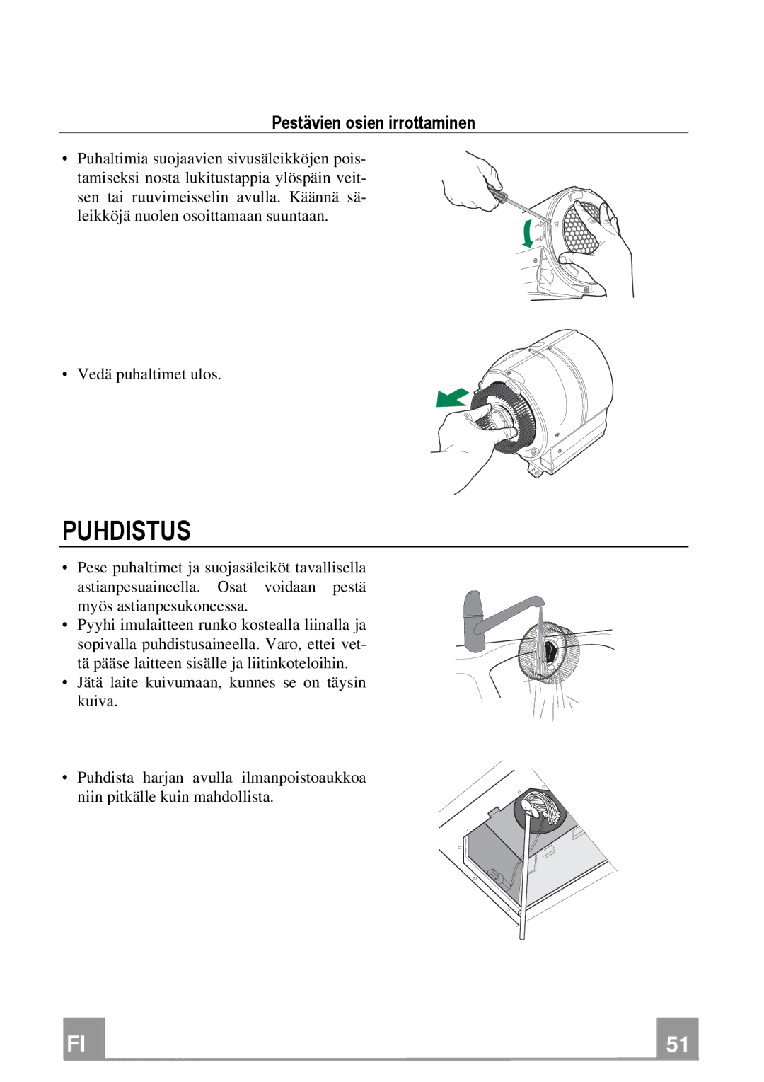 Franke Consumer Products FNE 905 XS ECS manual Puhdistus, Pestävien osien irrottaminen 