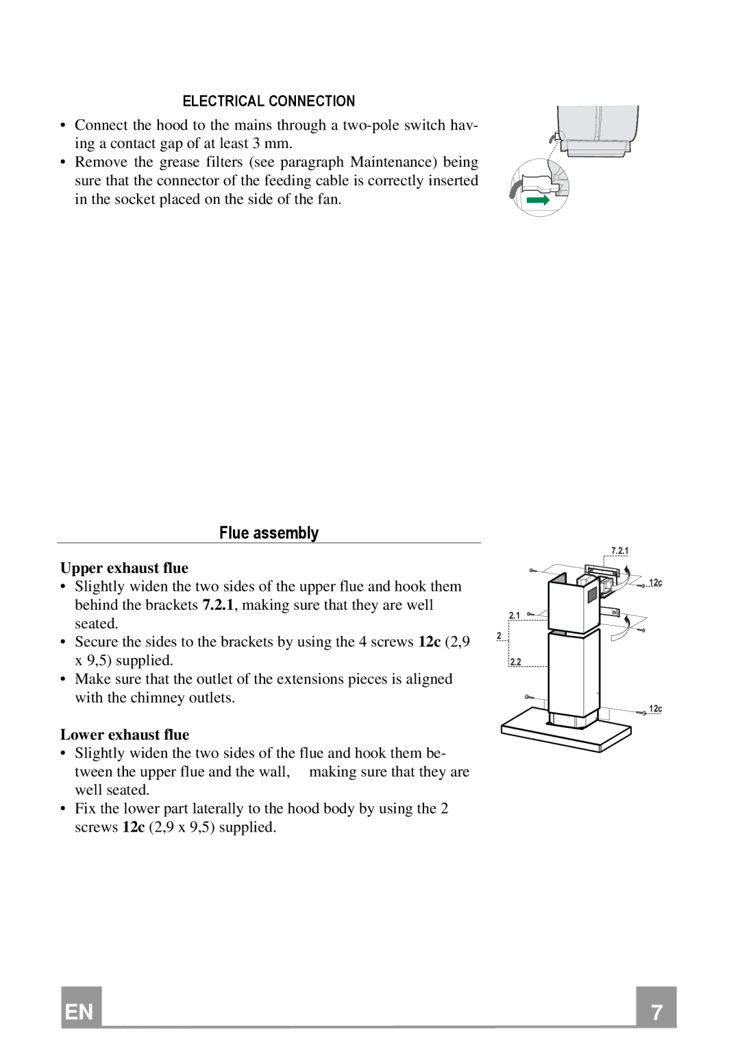 Franke Consumer Products FNE 905 XS ECS manual Flue assembly, Electrical Connection, Upper exhaust flue, Lower exhaust flue 