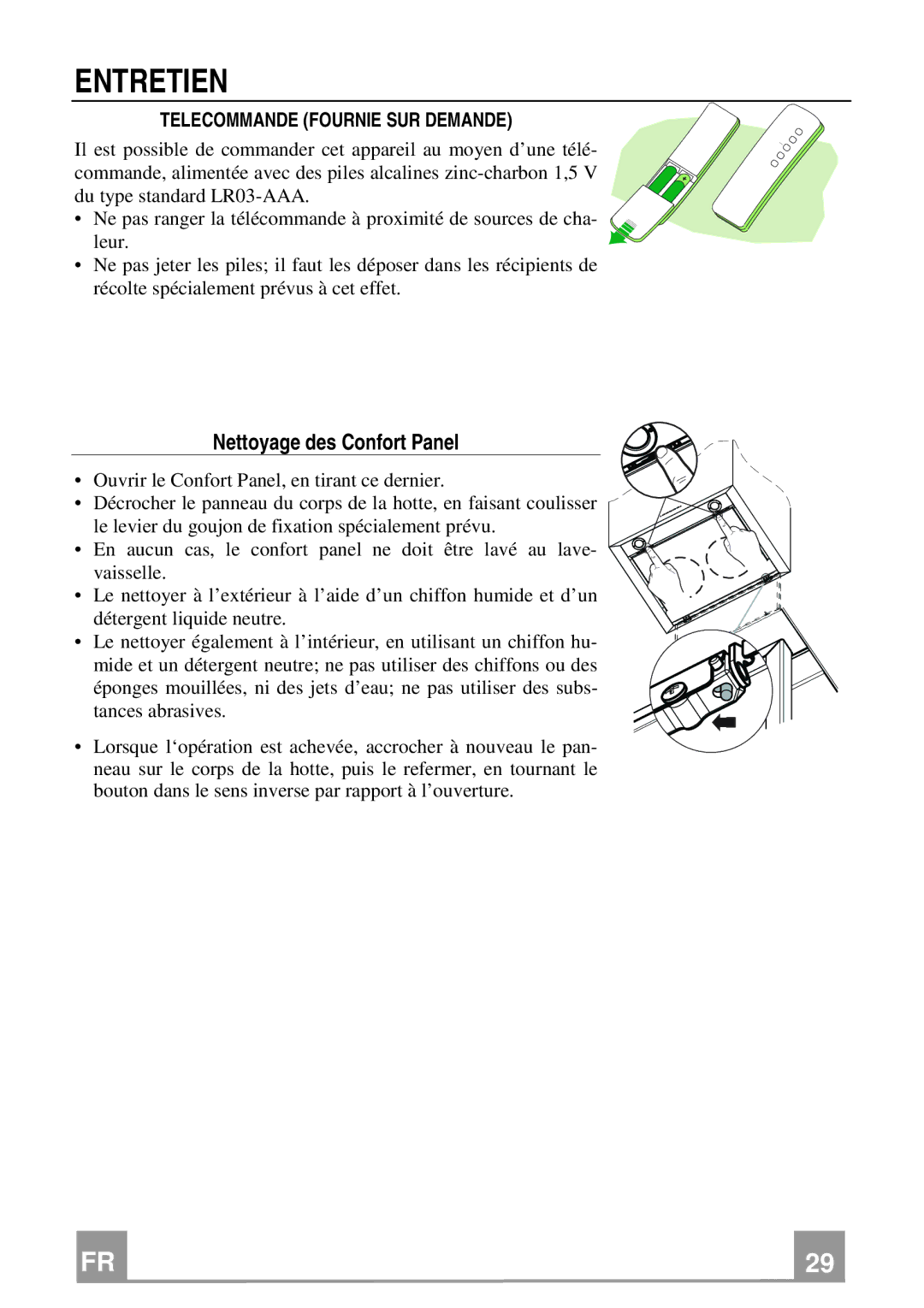 Franke Consumer Products FPL 906, FPL 606 manual Entretien, Nettoyage des Confort Panel, Telecommande Fournie SUR Demande 