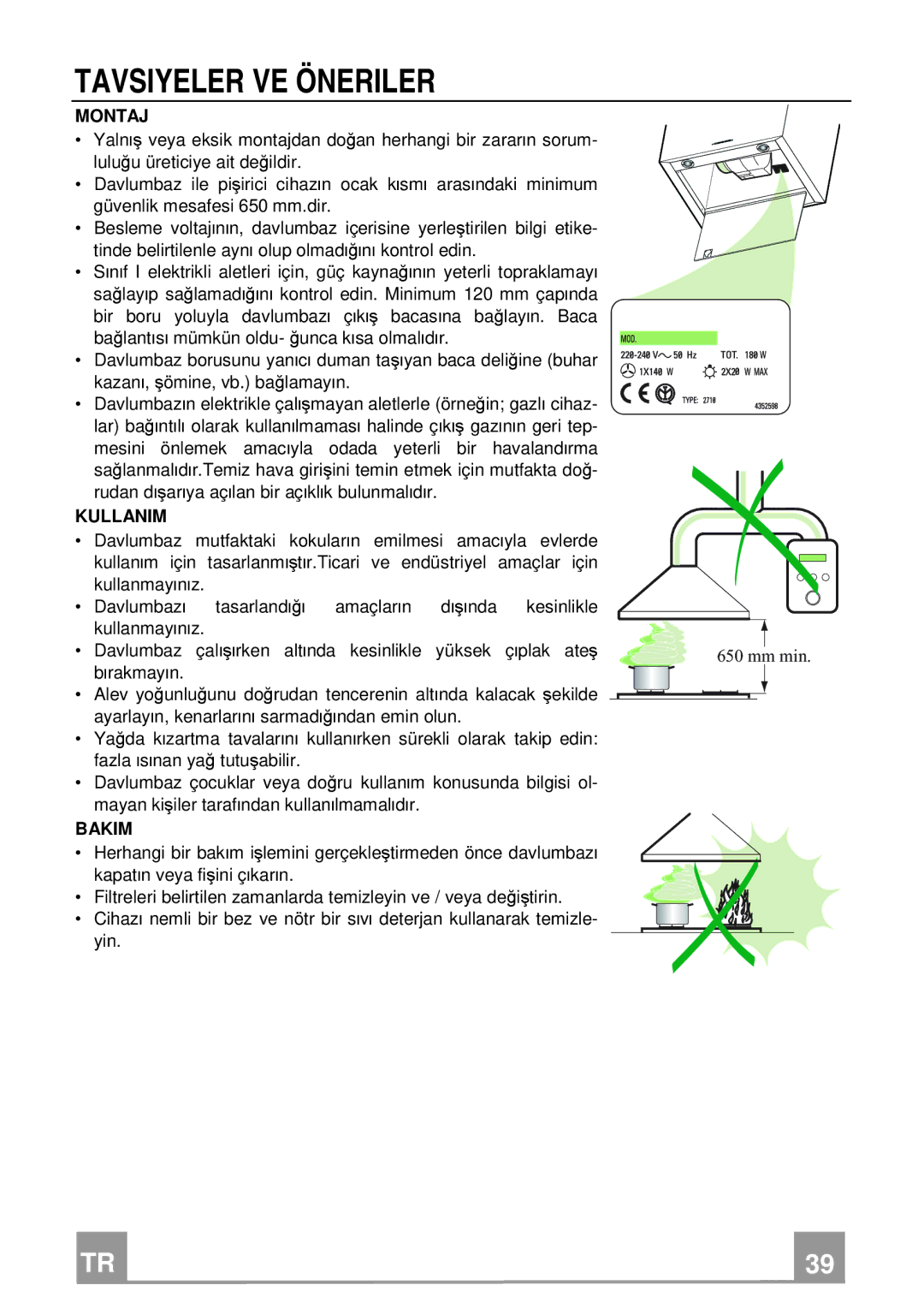 Franke Consumer Products FPL 906, FPL 606 manual Tavsiyeler VE Öneriler, Montaj 