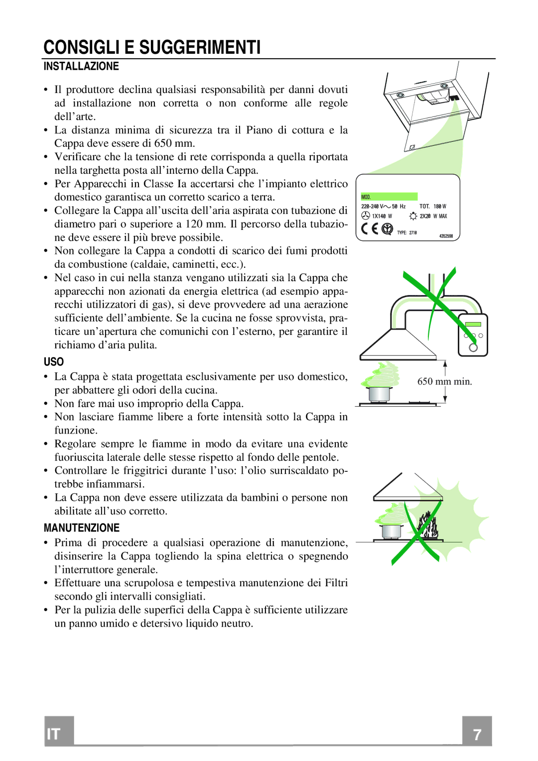 Franke Consumer Products FPL 906, FPL 606 manual Consigli E Suggerimenti, Installazione, Uso, Manutenzione 