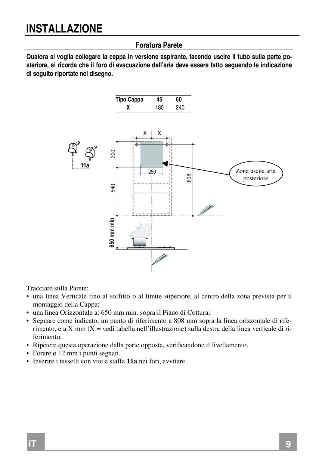 Franke Consumer Products FPL 906, FPL 606 manual Installazione, Foratura Parete 