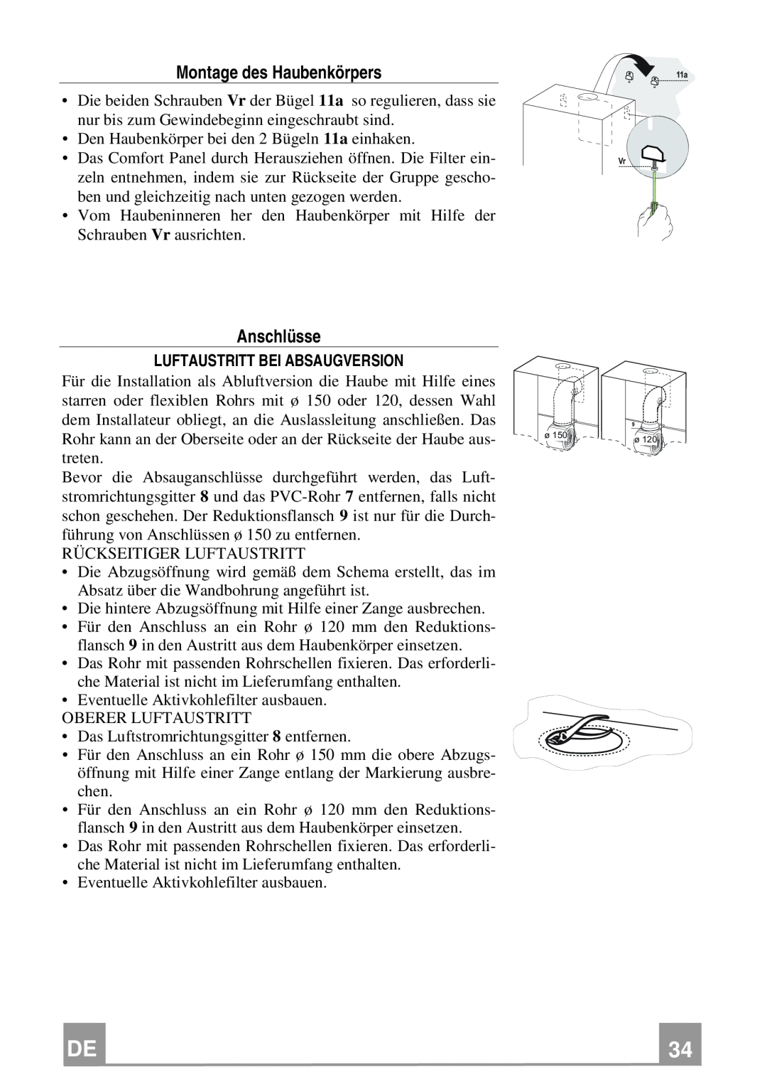 Franke Consumer Products FPL 606, FPL 906 manual Montage des Haubenkörpers, Anschlüsse, Luftaustritt Bei Absaugversion 