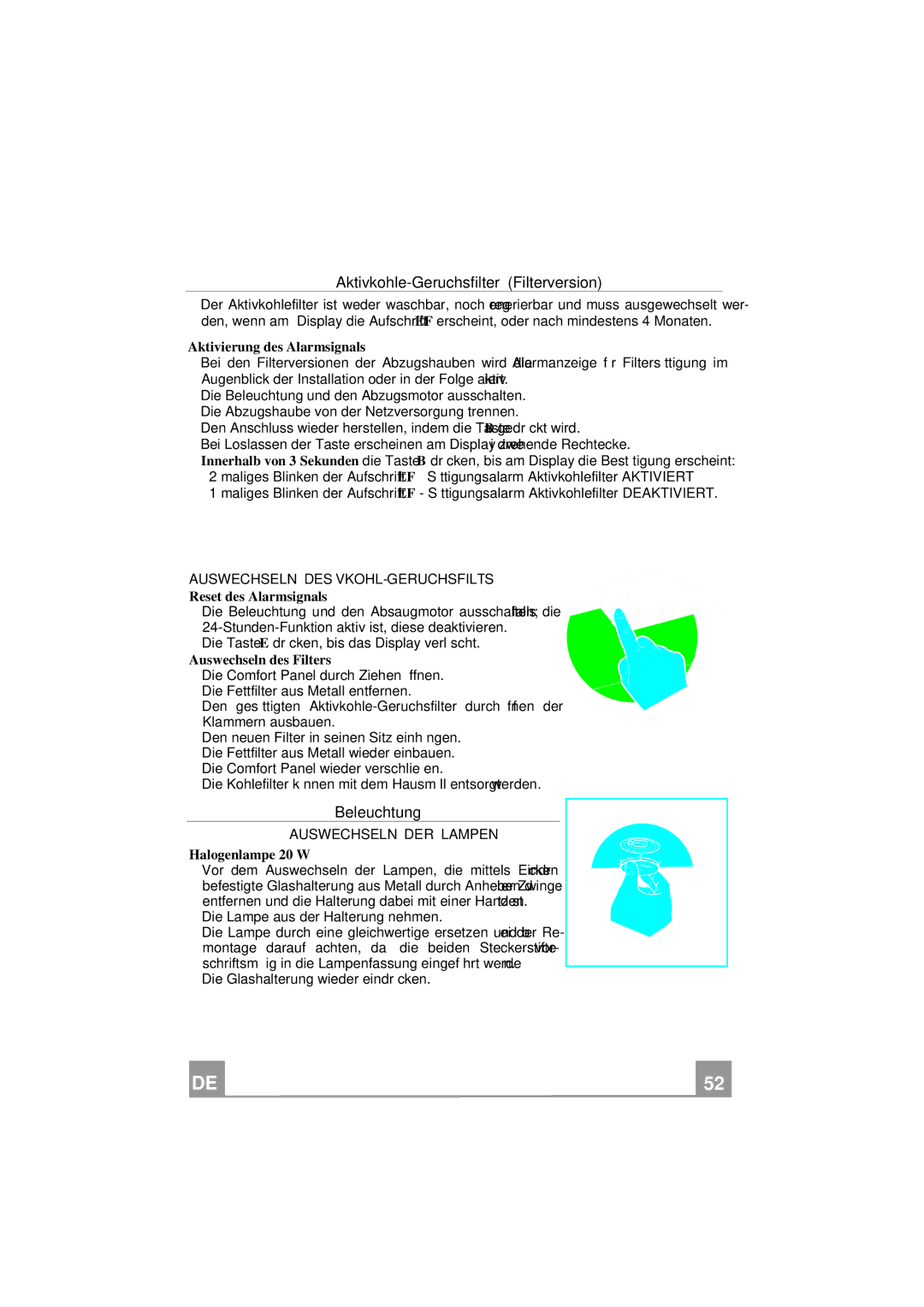 Franke Consumer Products FPL 907 I, FPL 607 I Aktivierung des Alarmsignals, Auswechseln des Filters, Halogenlampe 20 W 