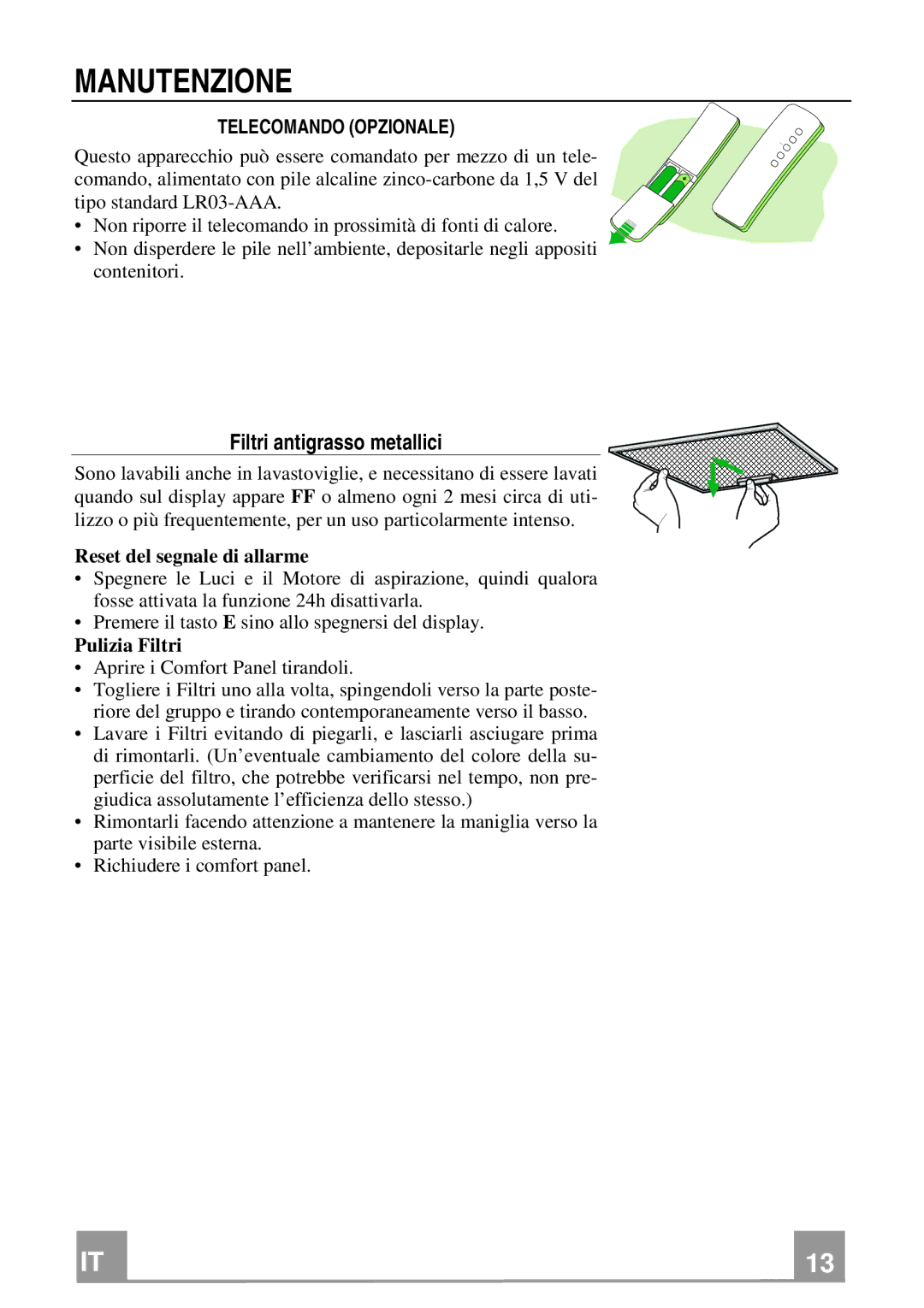Franke Consumer Products FQD 907 manual Manutenzione, Filtri antigrasso metallici, Telecomando Opzionale, Pulizia Filtri 