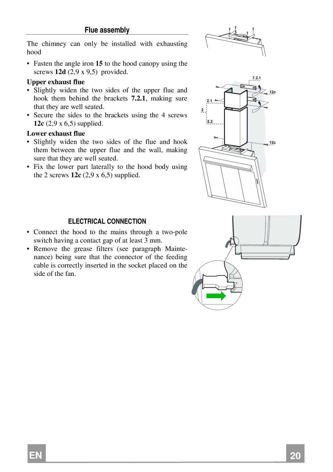 Franke Consumer Products FQD 907 manual Flue assembly, Upper exhaust flue, Lower exhaust flue, Electrical Connection 