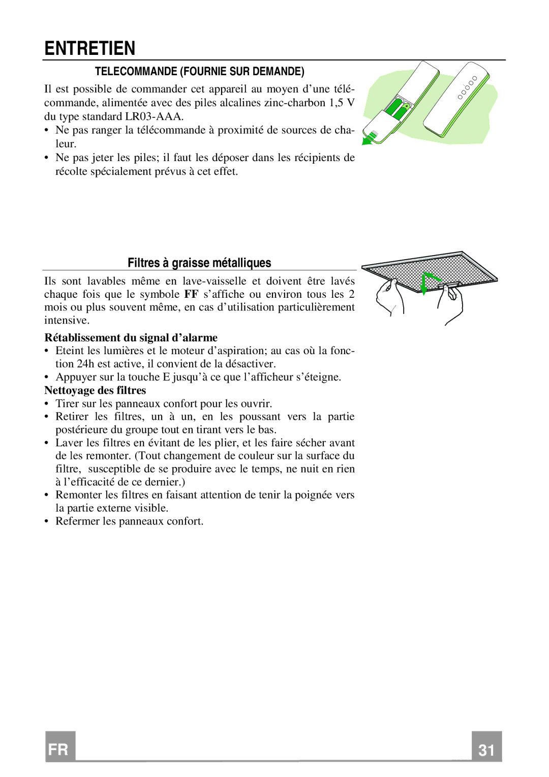 Franke Consumer Products FQD 907 manual Entretien, Filtres à graisse métalliques, Telecommande Fournie SUR Demande 