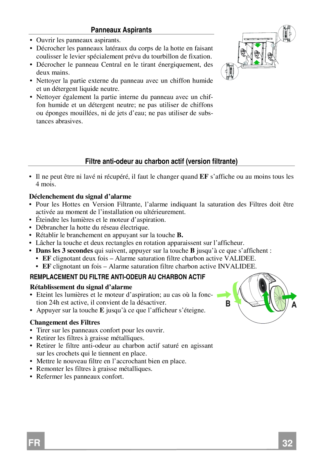 Franke Consumer Products FQD 907 manual Panneaux Aspirants, Filtre anti-odeur au charbon actif version filtrante 