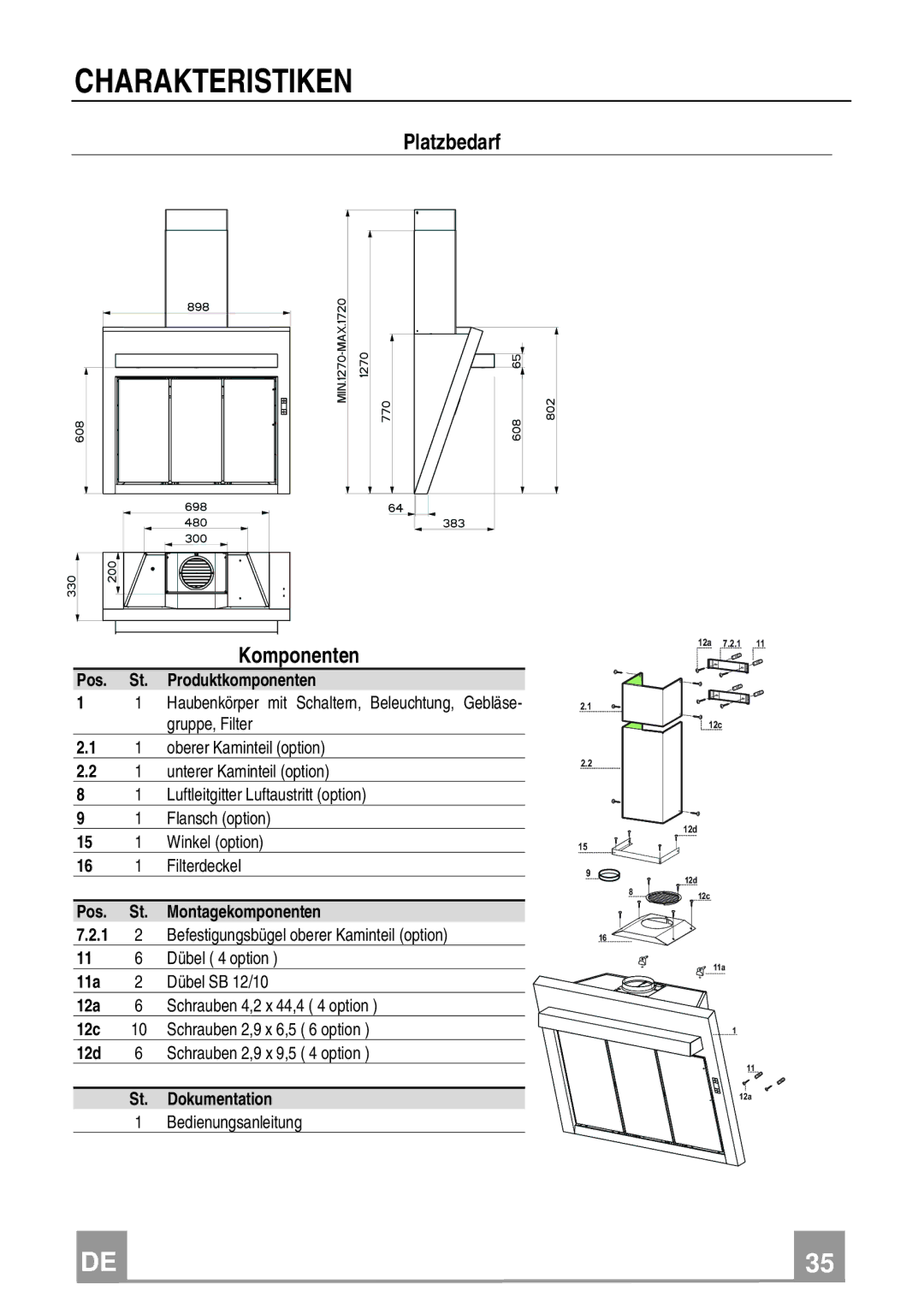 Franke Consumer Products FQD 907 manual Charakteristiken, Platzbedarf Komponenten 