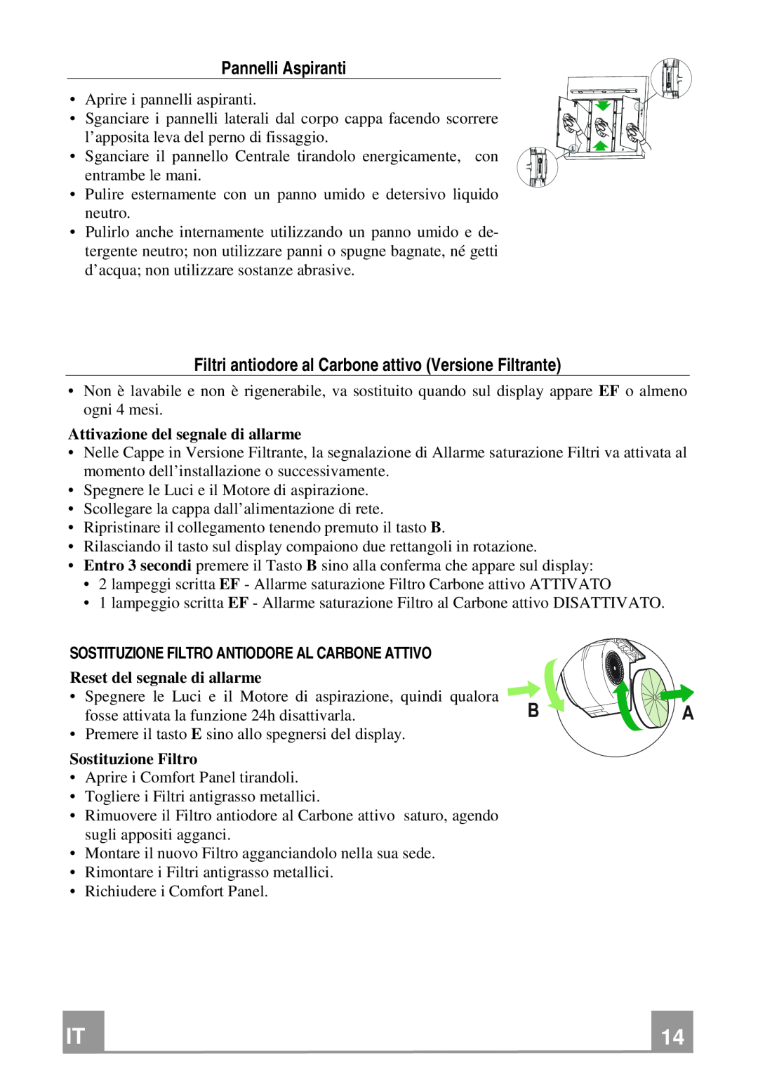 Franke Consumer Products FQD 907 manual Pannelli Aspiranti, Sostituzione Filtro Antiodore Al Carbone Attivo 