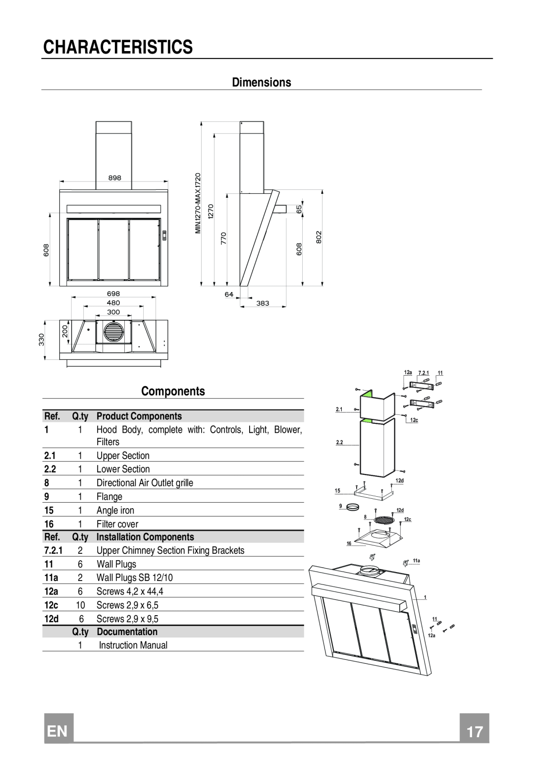 Franke Consumer Products FQD 907 manual Characteristics, Dimensions, Components 