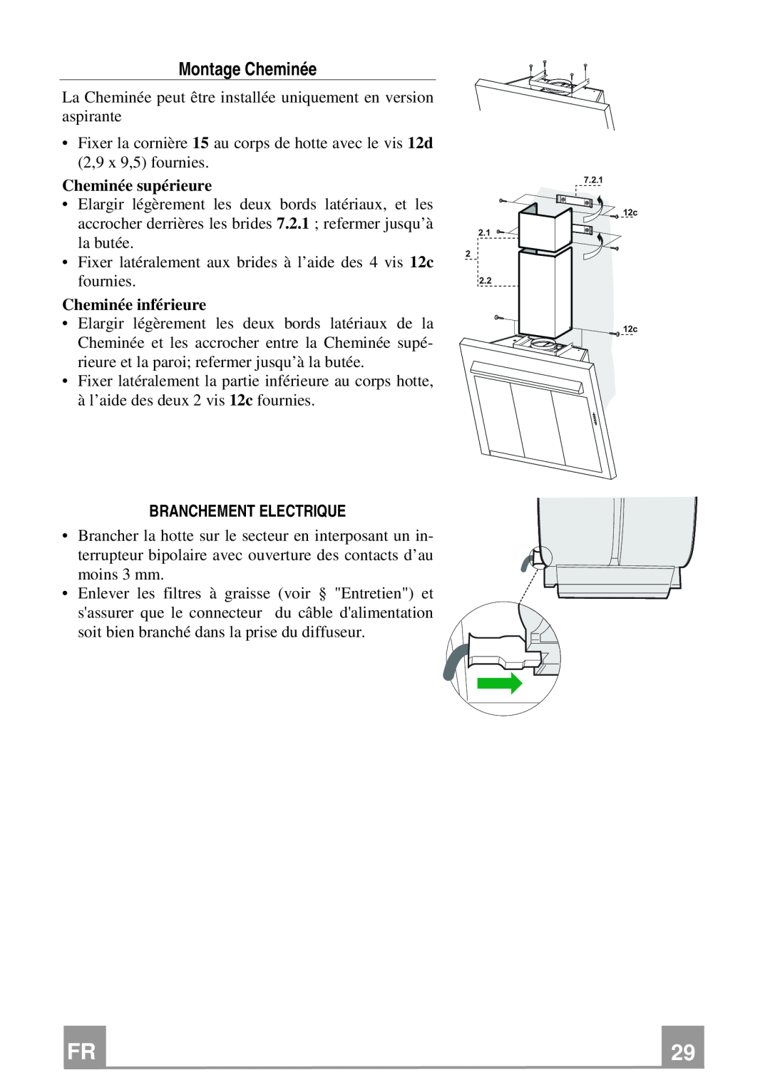 Franke Consumer Products FQD 907 manual Montage Cheminée, Branchement Electrique 