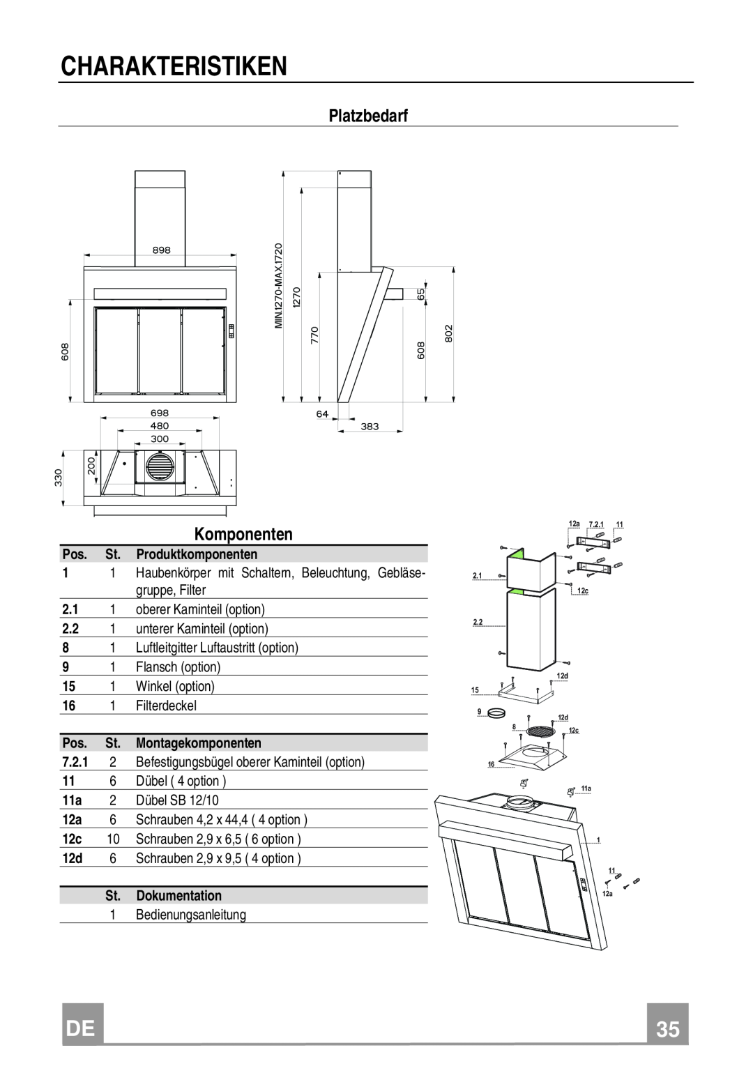Franke Consumer Products FQD 907 manual Charakteristiken, Platzbedarf, Komponenten 
