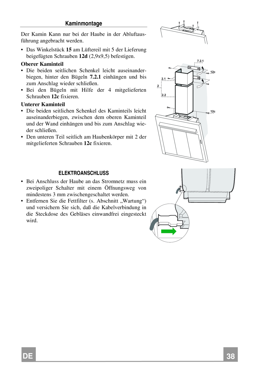 Franke Consumer Products FQD 907 manual Kaminmontage, Elektroanschluss 