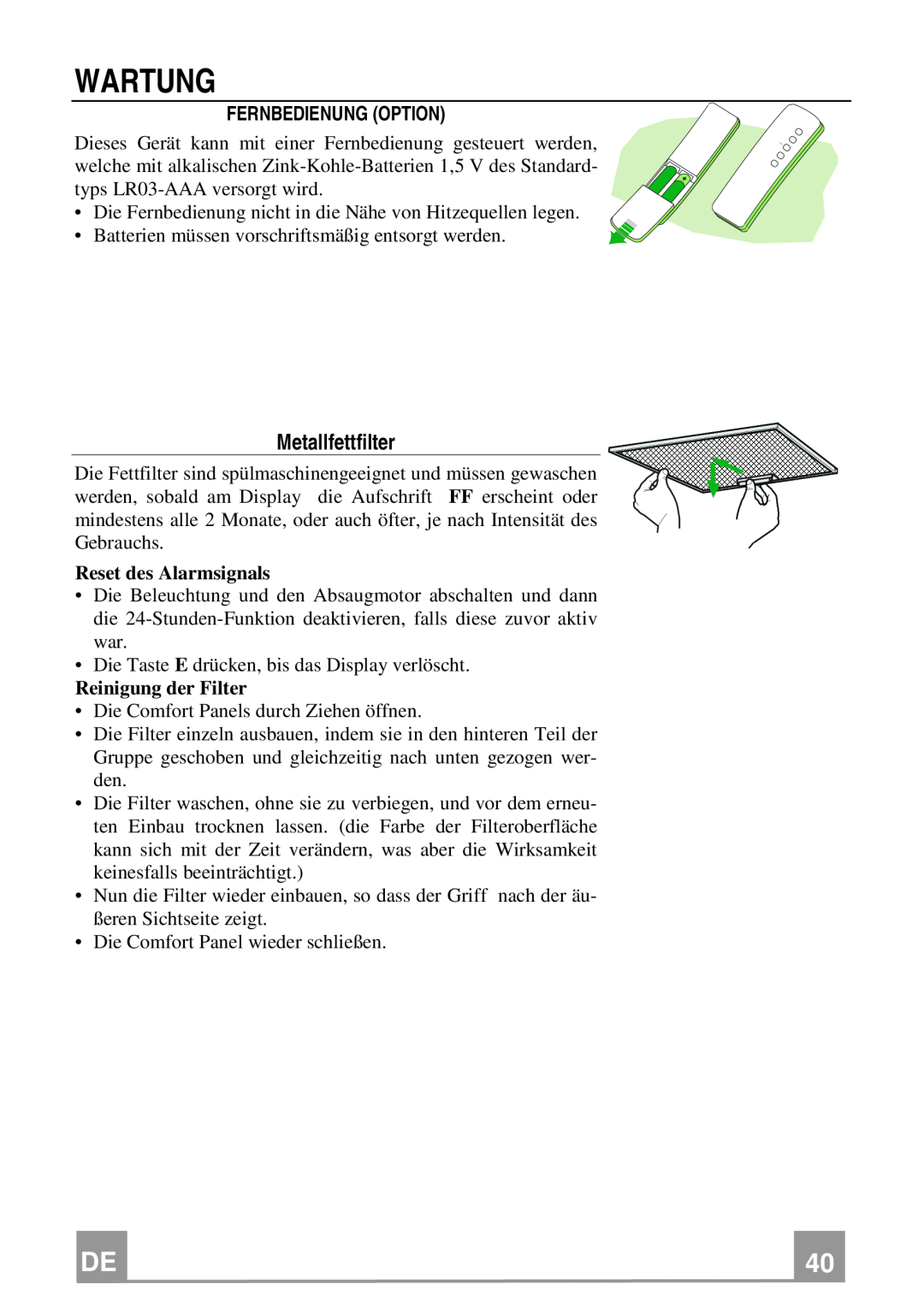 Franke Consumer Products FQD 907 manual Wartung, Metallfettfilter, Fernbedienung Option 