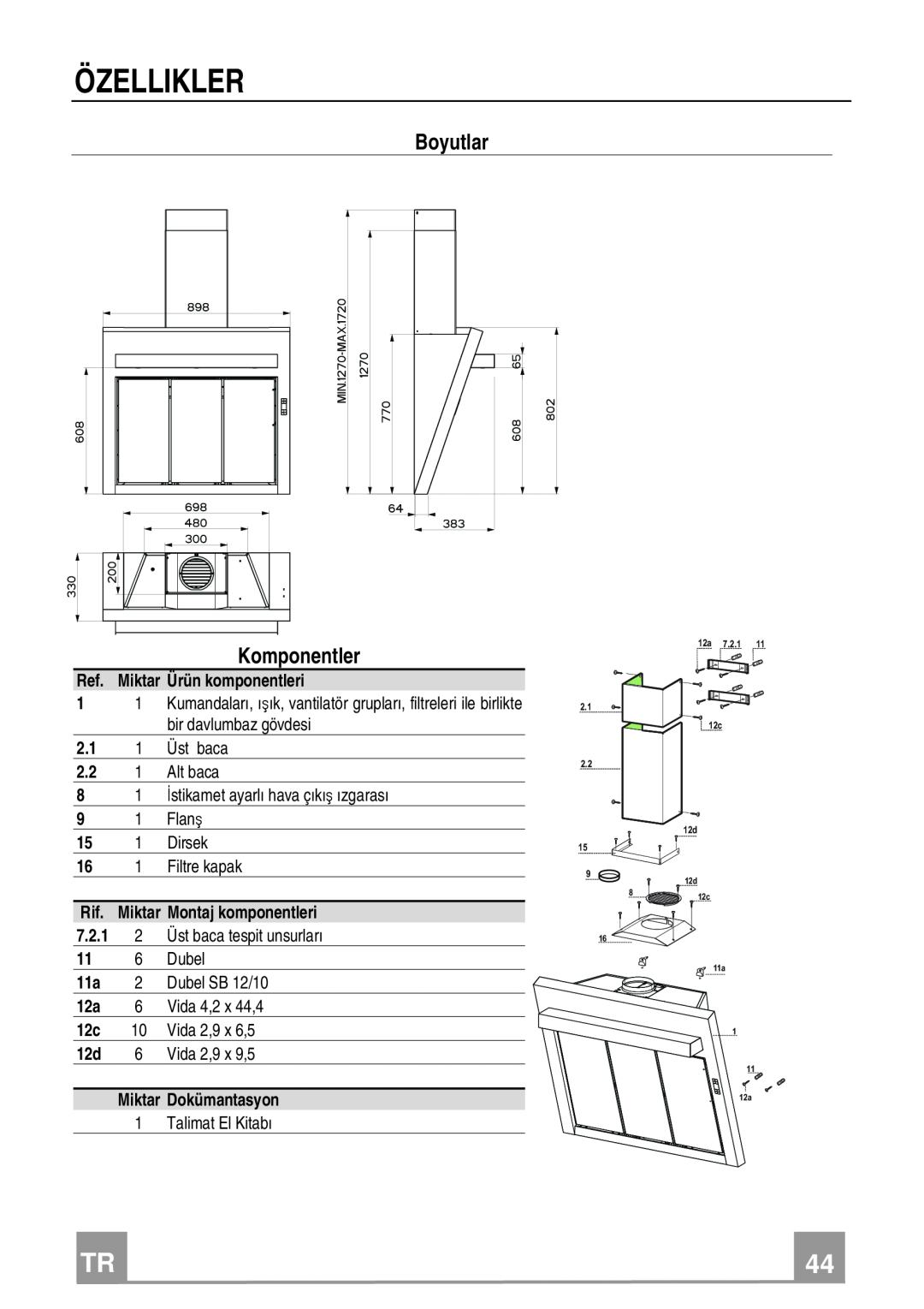 Franke Consumer Products FQD 907 manual Özellikler, Boyutlar, Komponentler 
