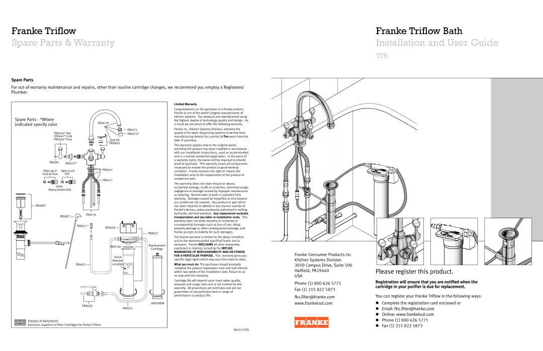 Franke Consumer Products FR9479 warranty Spare Parts & Warranty, Installation and User Guide 