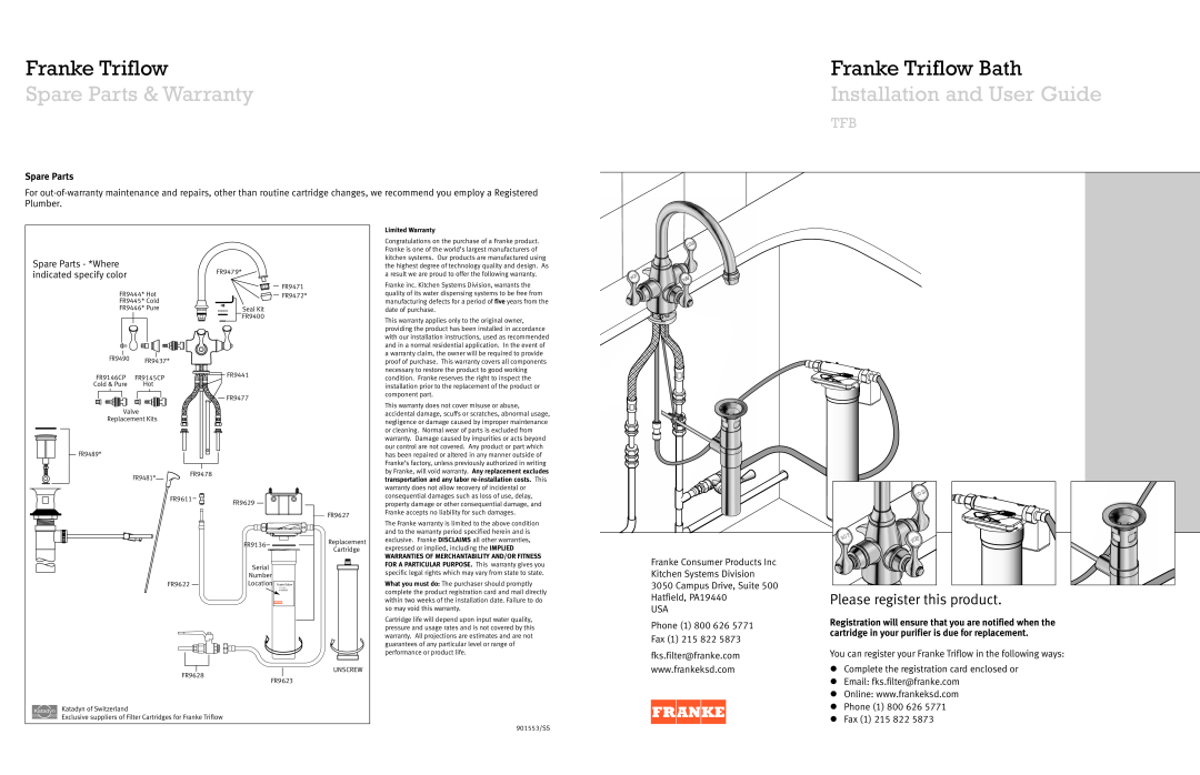 Franke Consumer Products FR9479 warranty Spare Parts & Warranty, Franke Triflow Bath, Installation and User Guide 