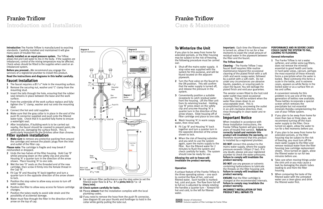 Franke Consumer Products FR9479 Introduction and Installation, Care & Maintenance, Franke Triflow, Faucet installation 