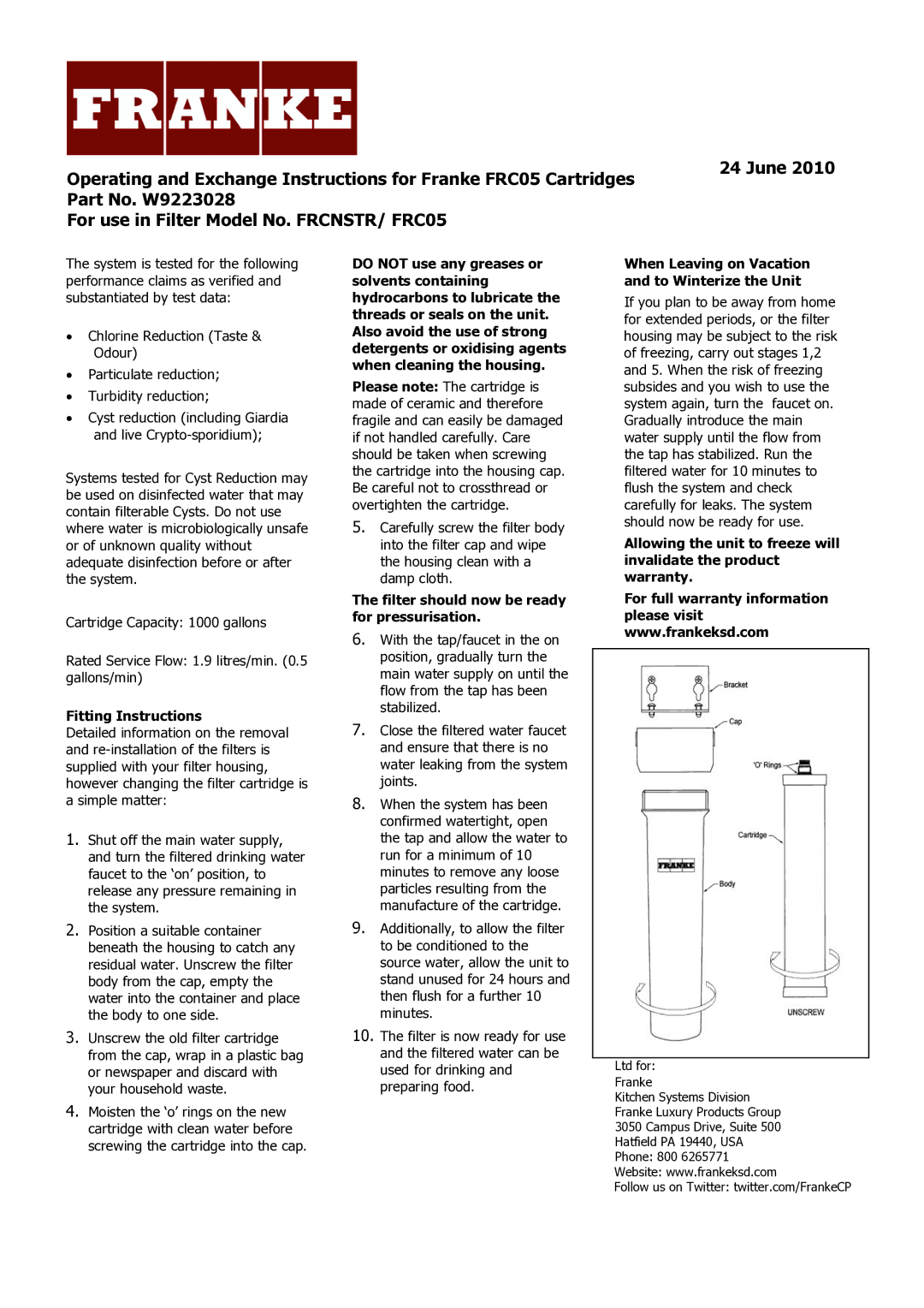 Franke Consumer Products W9223028, FRC05 warranty Fitting Instructions, Filter should now be ready for pressurisation 