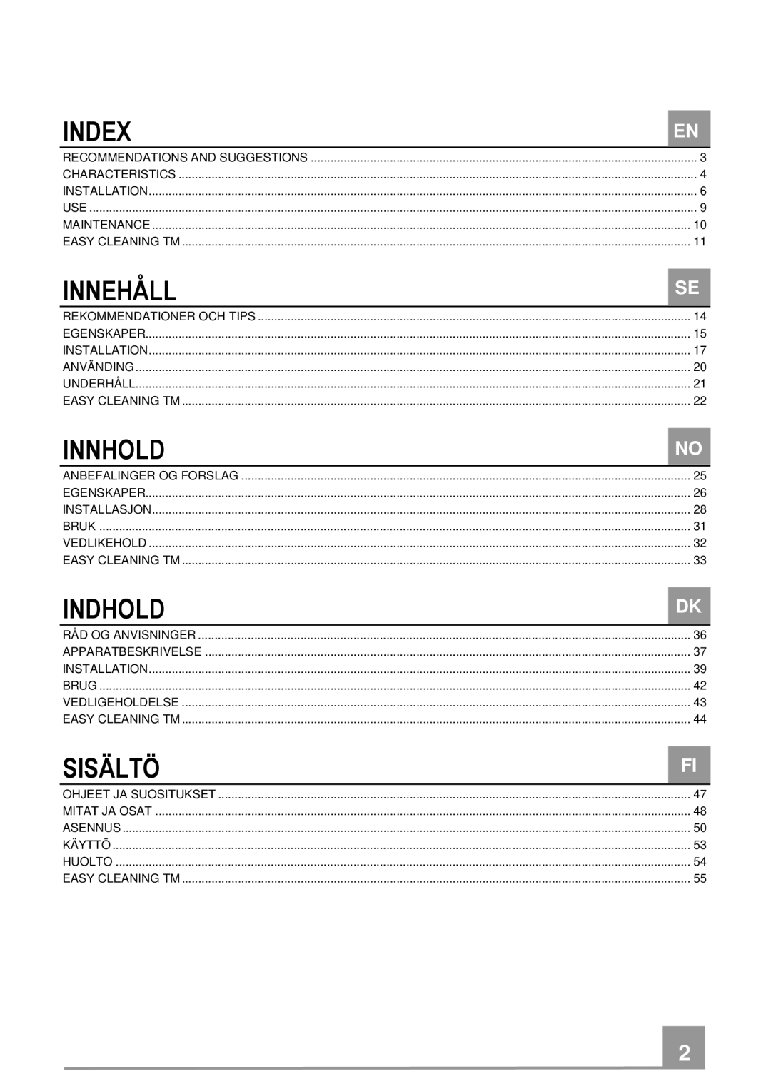 Franke Consumer Products FSL 905 BK/XS ECS, FSL 905 WH/XS ECS manual Index, Innehåll, Innhold, Indhold, Sisältö 