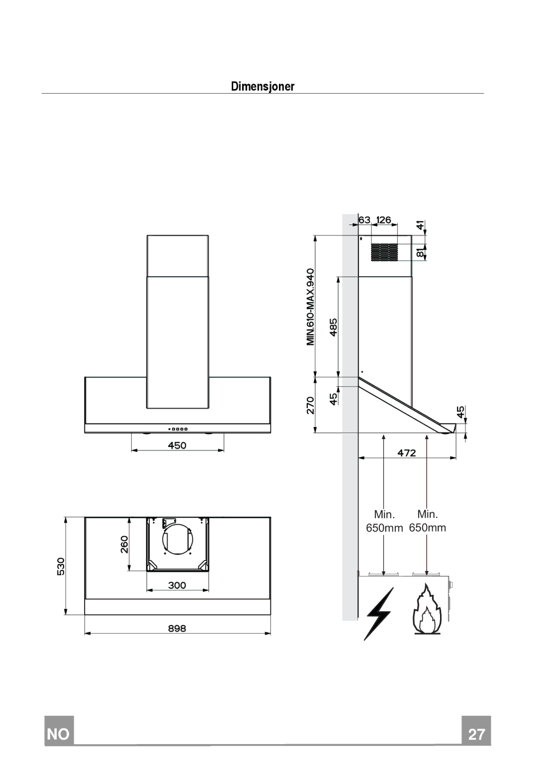 Franke Consumer Products FSL 905 WH/XS ECS, FSL 905 BK/XS ECS manual Dimensjoner 